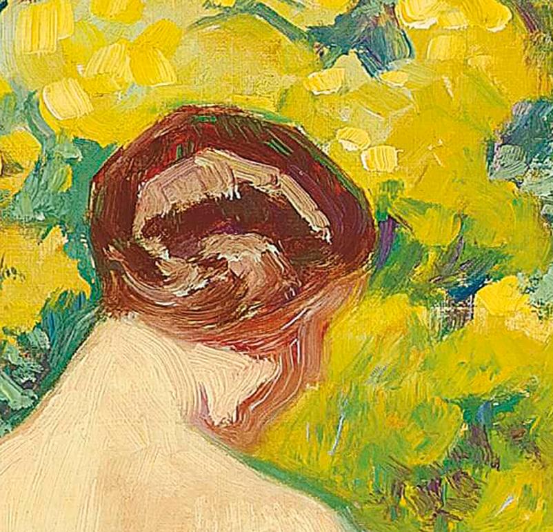 Jeune Femme Nue Au Jardin, a bright, impressionist oil painting of a nude  - Impressionist Painting by Octave Guillonnet