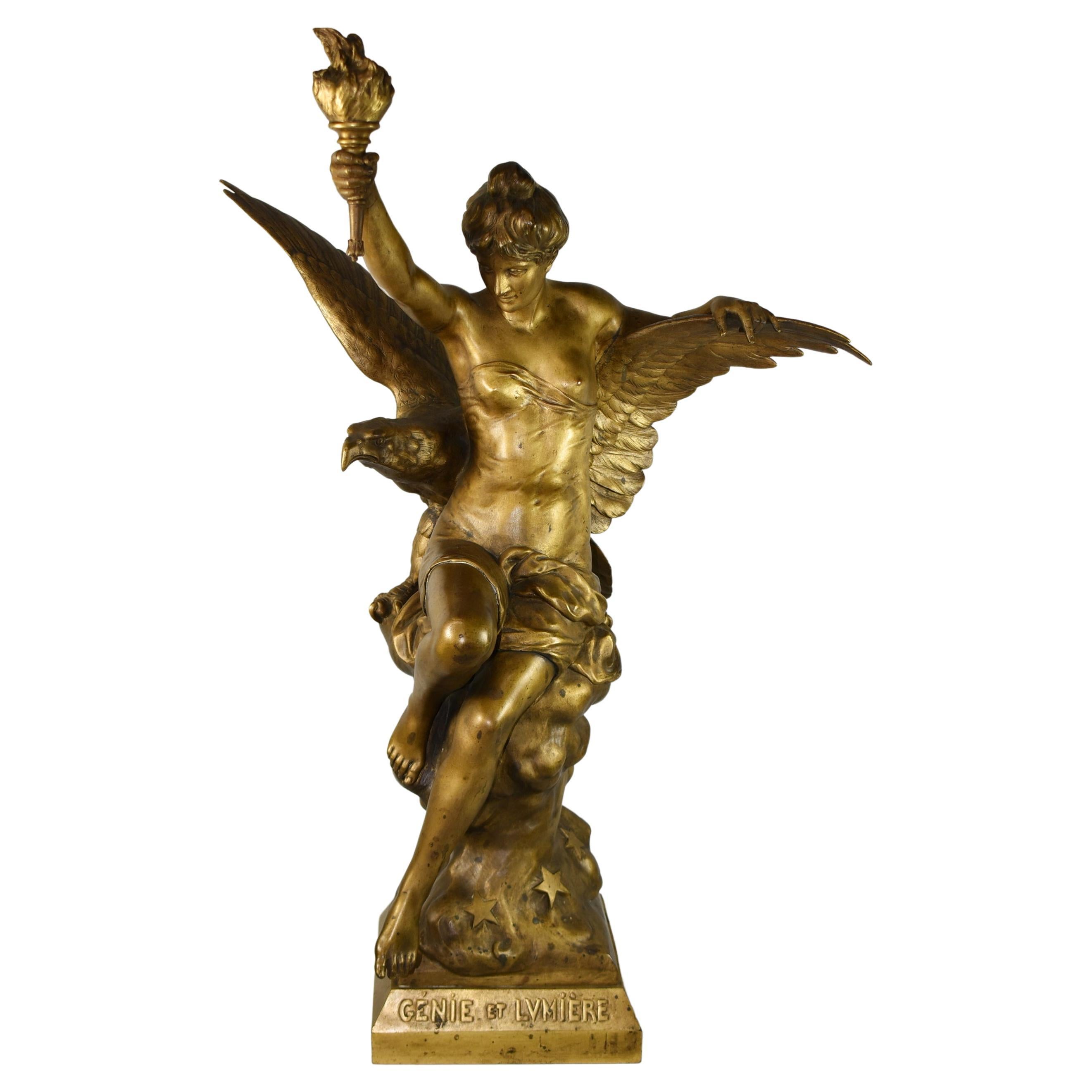 Emile Picault Bronze Female Statue with Eagle Sculpture For Sale