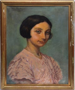 Antique Belgian Portrait Oil Painting of a Young Woman by Emil De La Montagne