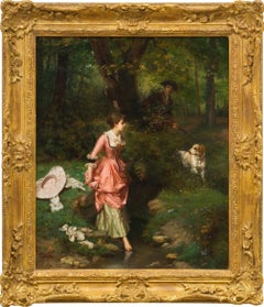 "Young Beauty Crossing Brook with Hunter, " Emile Pierre Metzmacher French Salon
