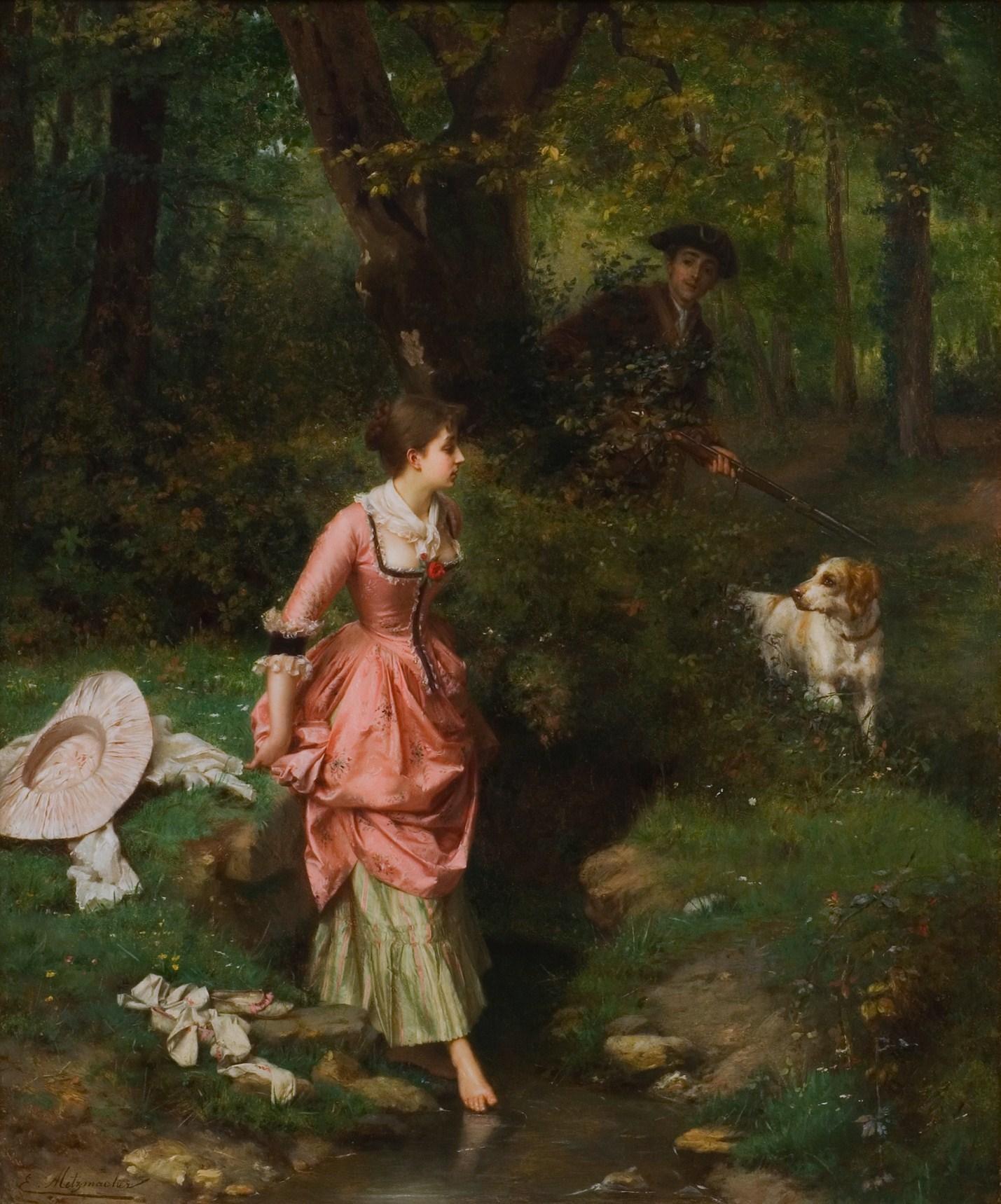 ""Young Beauty Crossing Brook with Hunter", Emile Pierre Metzmacher French Salon