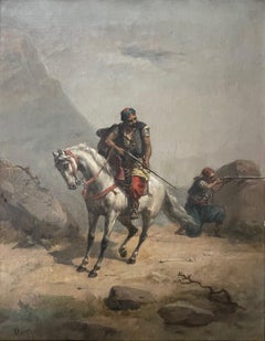 PRANGEY Orientalist military belgian painting arab soldier horseman battle 19th