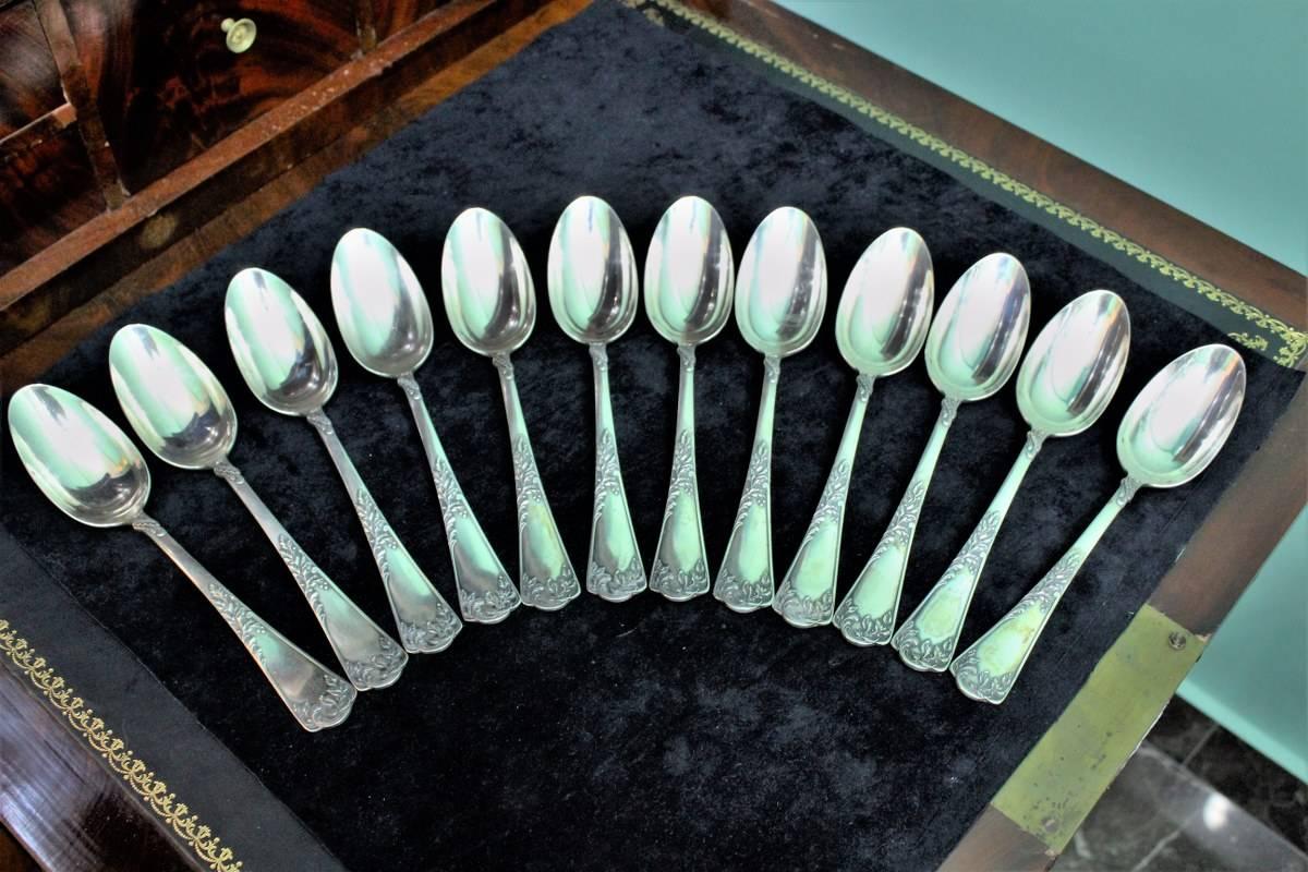 Emile Puiforcat 19th Century Engraved Silver Rococo French Flatware Set, 1870s For Sale 8