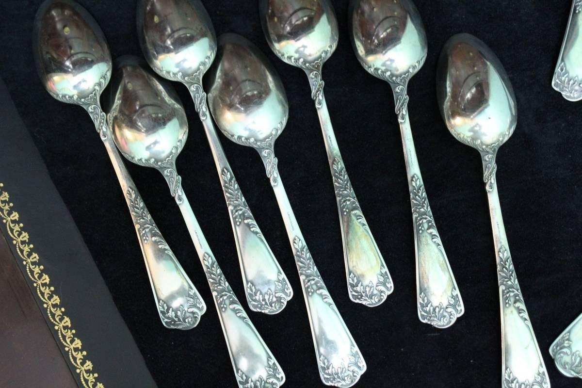 Late 19th Century Emile Puiforcat 19th Century Engraved Silver Rococo French Flatware Set, 1870s For Sale