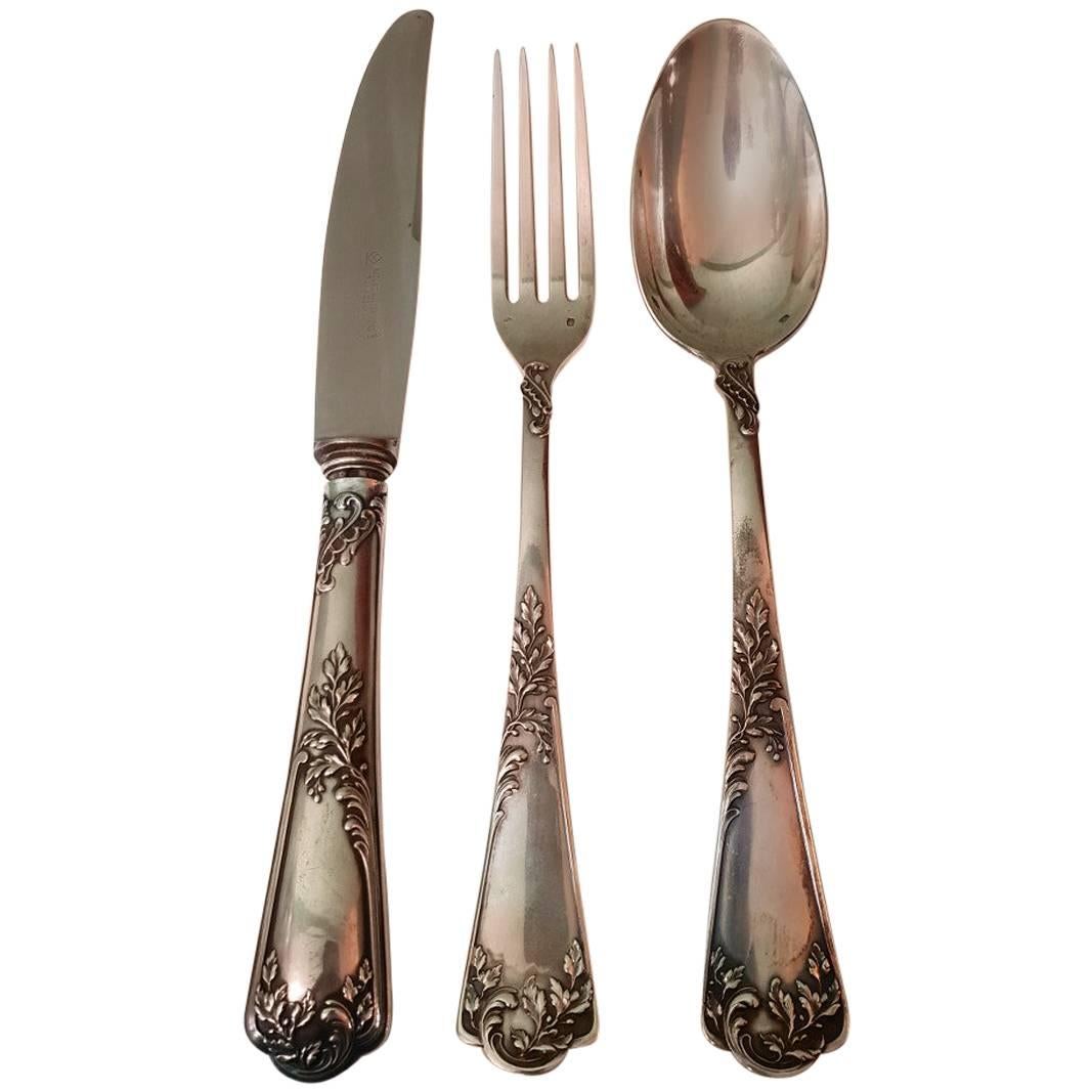 Emile Puiforcat 19th Century Engraved Silver Rococo French Flatware Set, 1870s For Sale