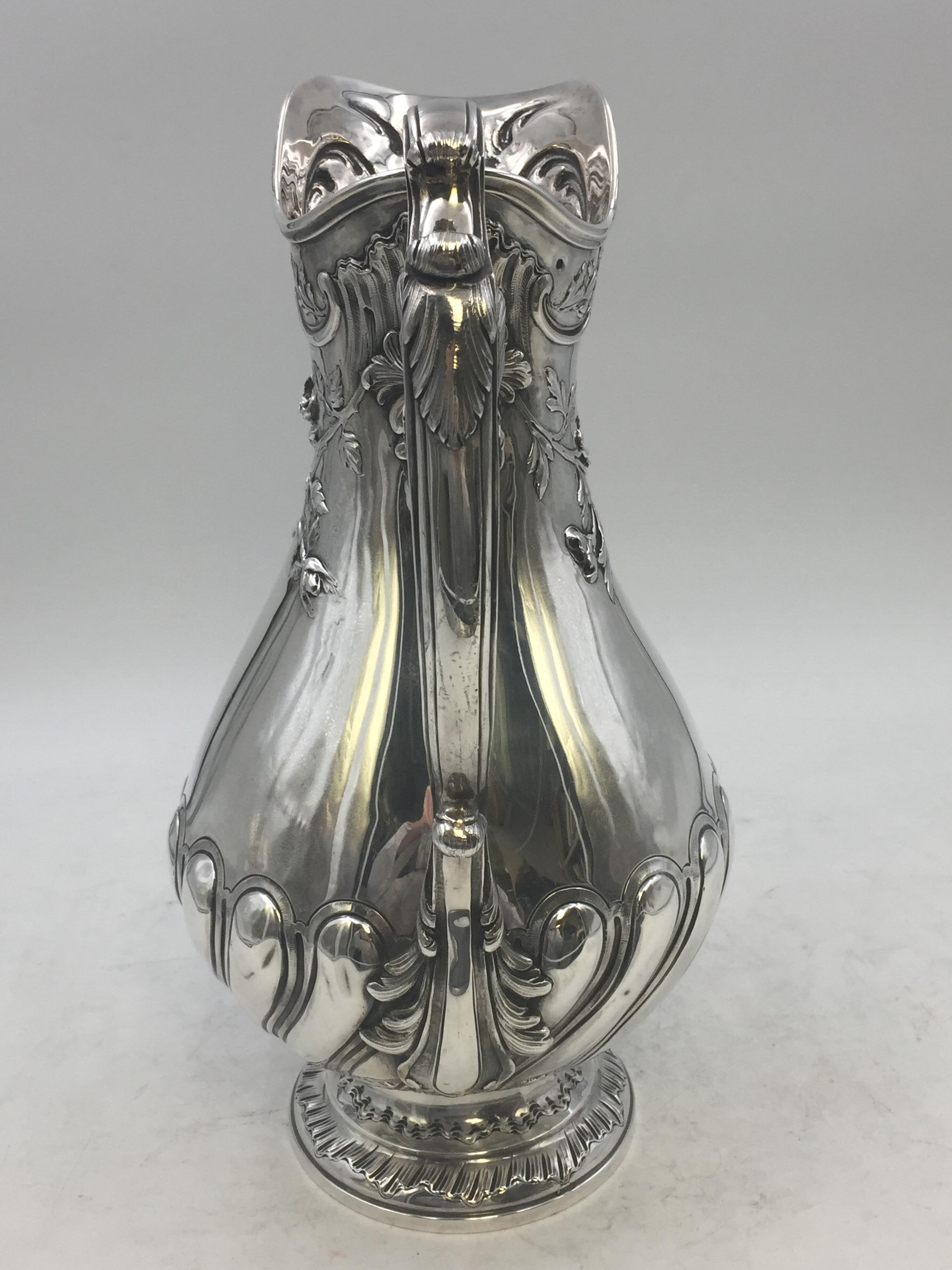 Emile Puiforcat French Sterling Silver Ewer Pitcher with Raised Decoration In Good Condition For Sale In New York, NY