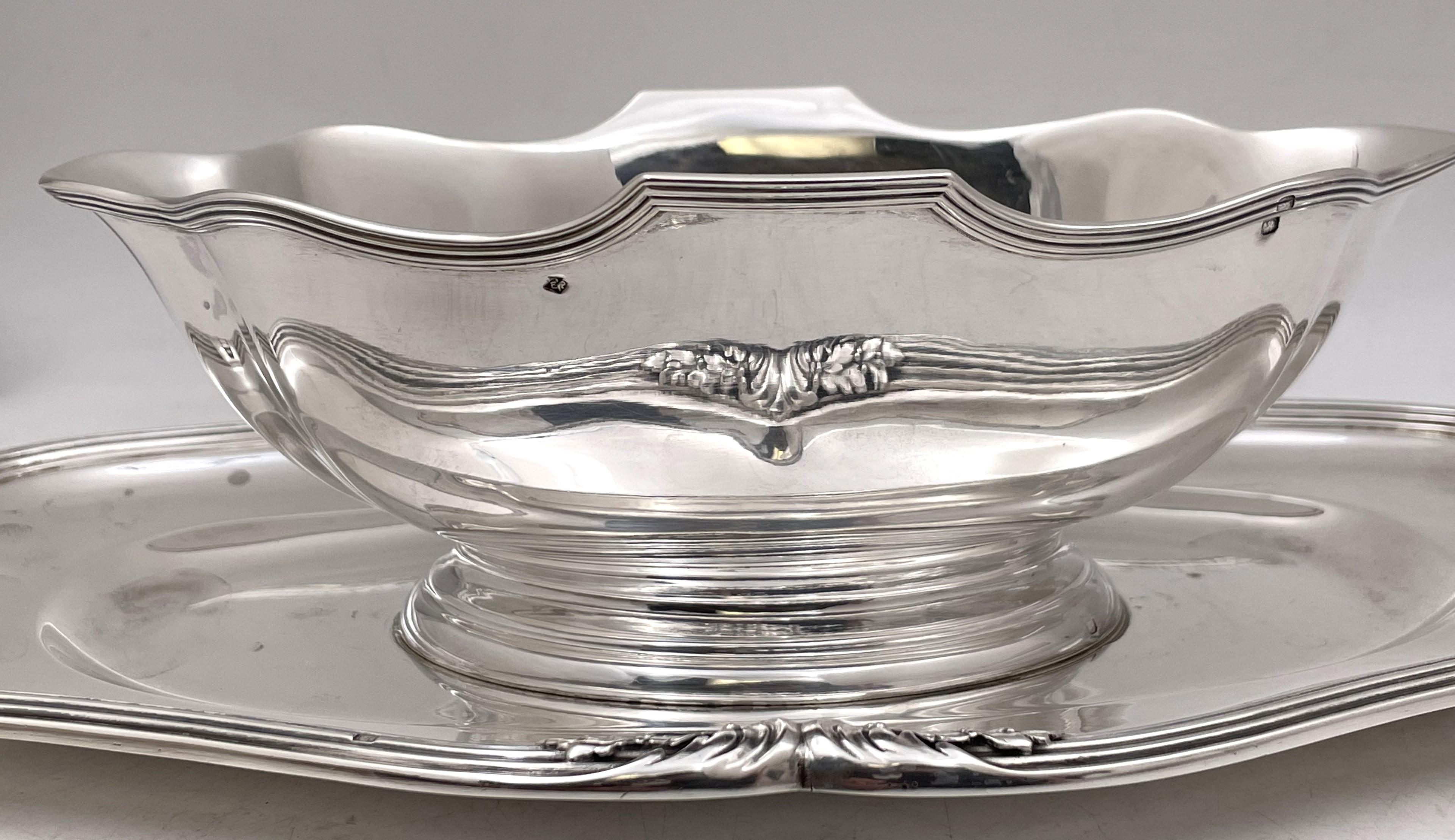 20th Century Emile Puiforcat French Sterling Silver Gravy Sauce Boat & Underplate in Art Deco For Sale