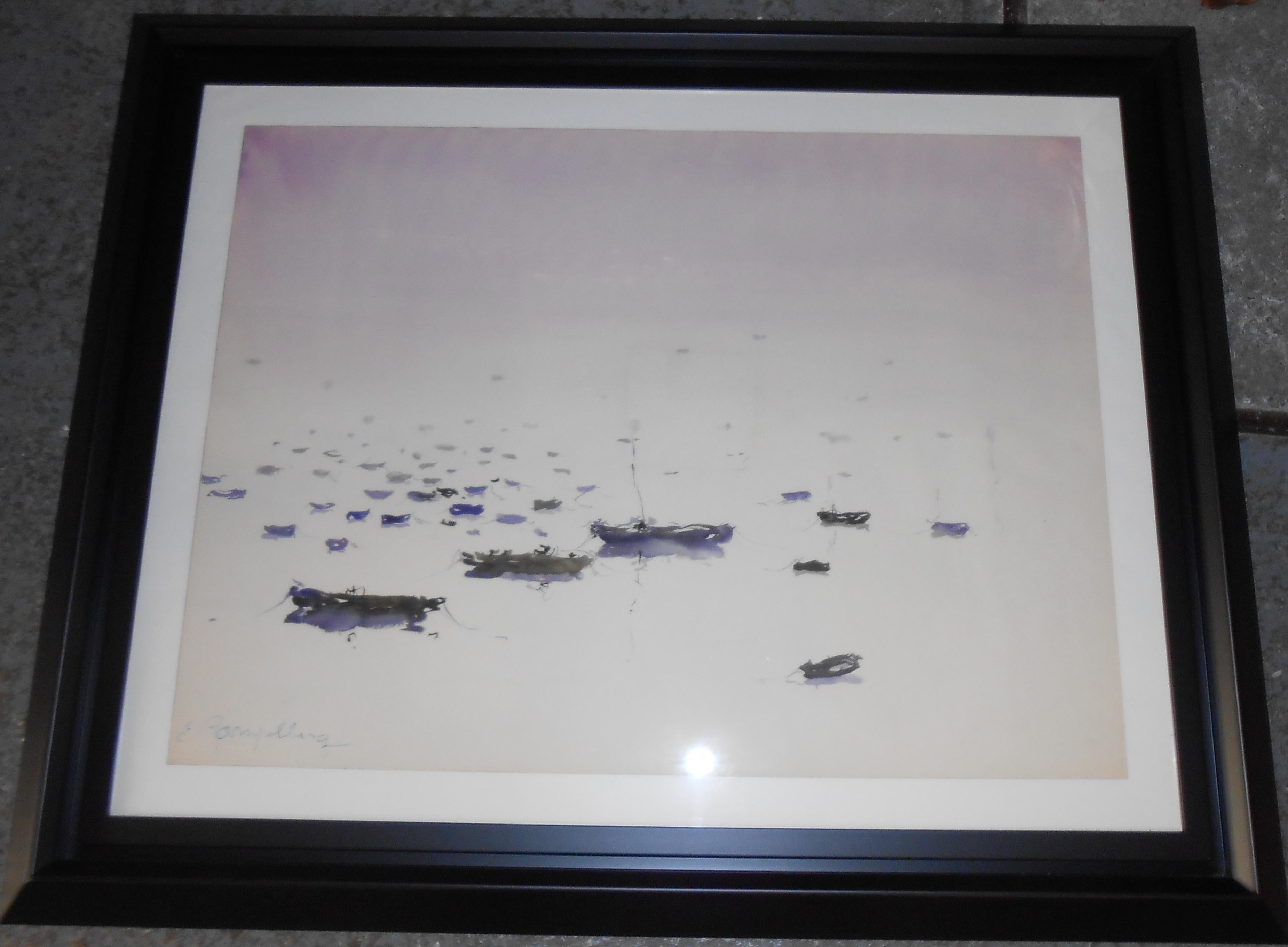 Maritime Landschaft  Segelboote bei  Verankerung (Grau), Landscape Painting, von Emile RAMPELBERG