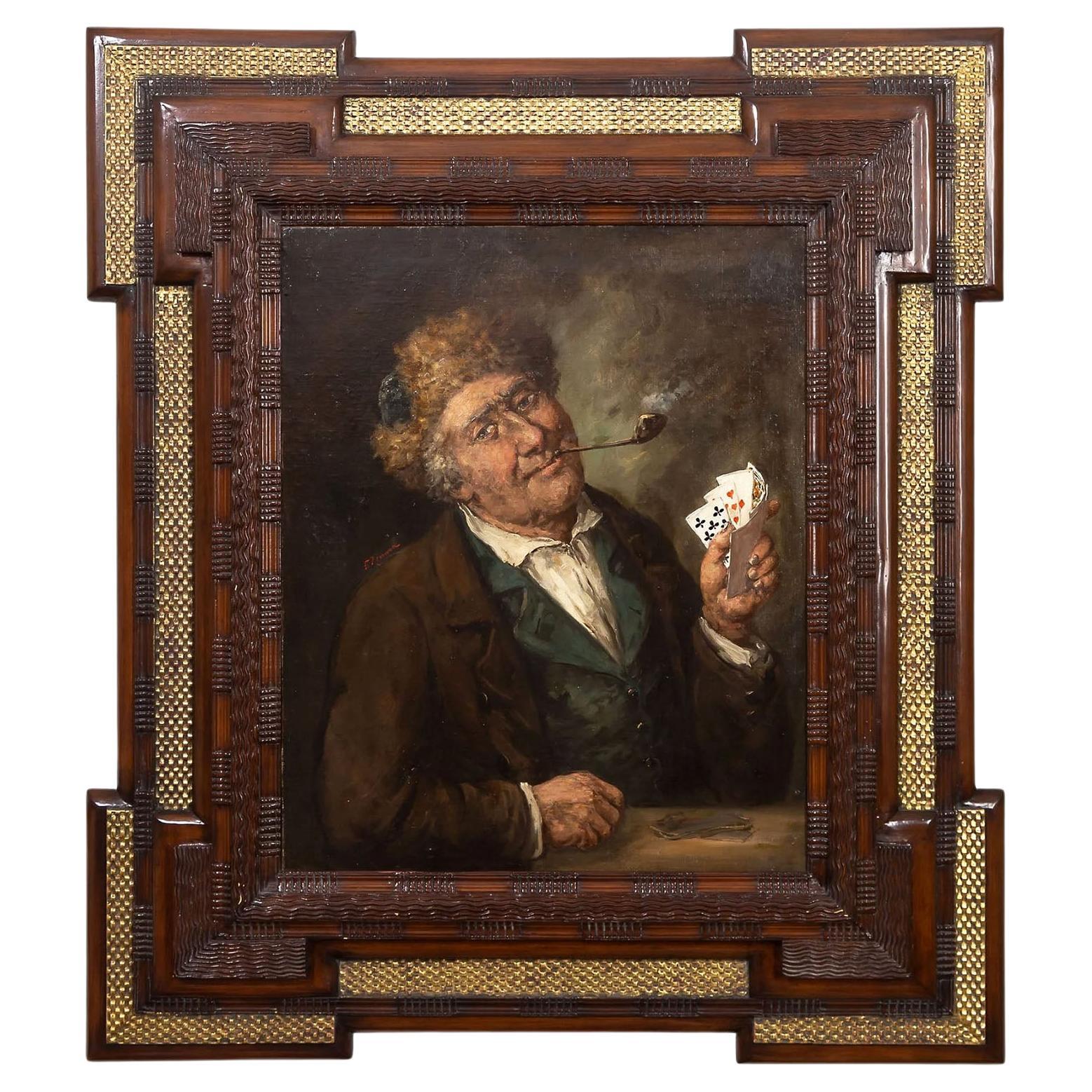Émile Renard (français, 1850-1930) Une charmante huile sur toile "Une bonne main au poker". en vente