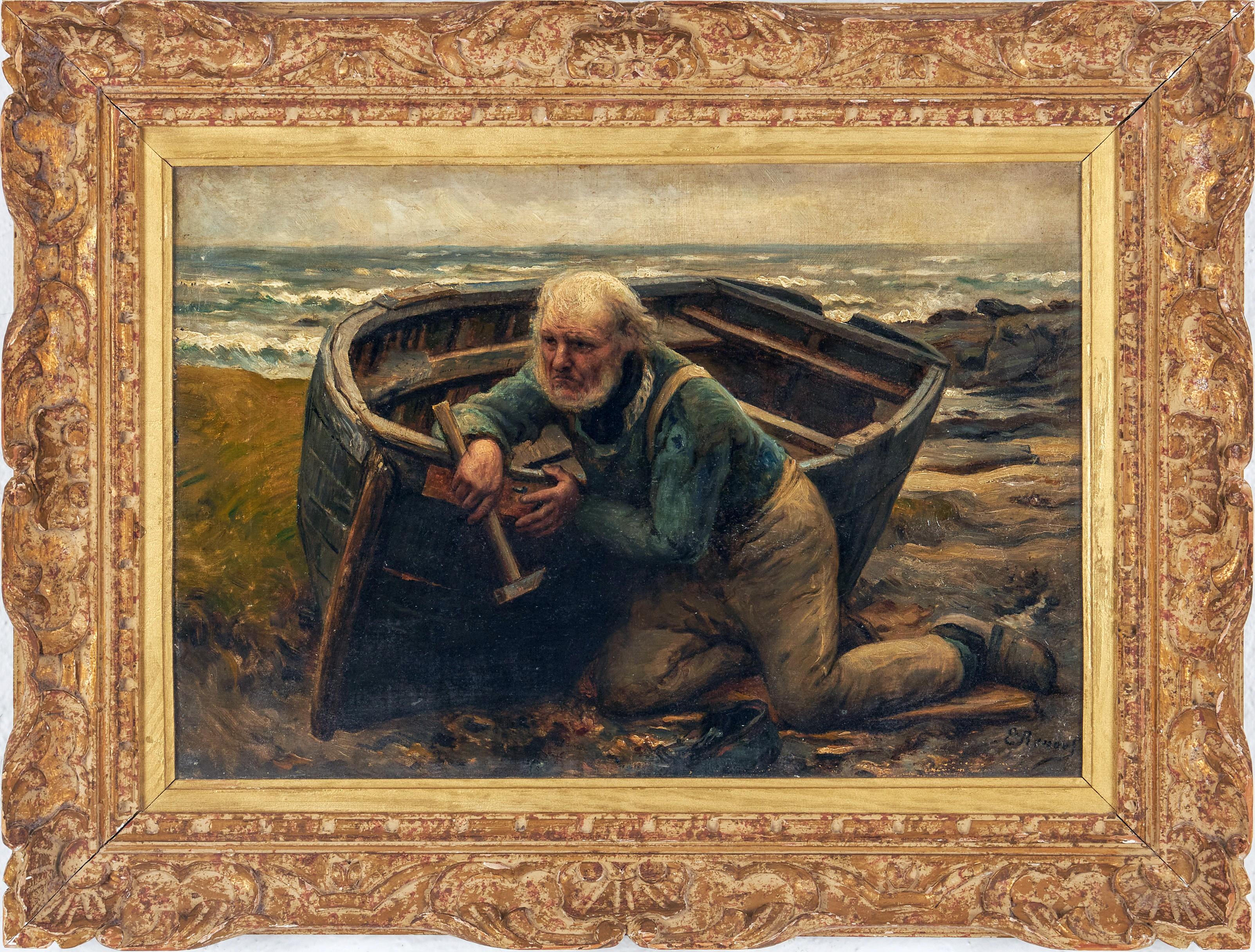 Emile Renouf.  "El último Radoub" en una playa de Normandía, óleo sobre lienzo, firmado.