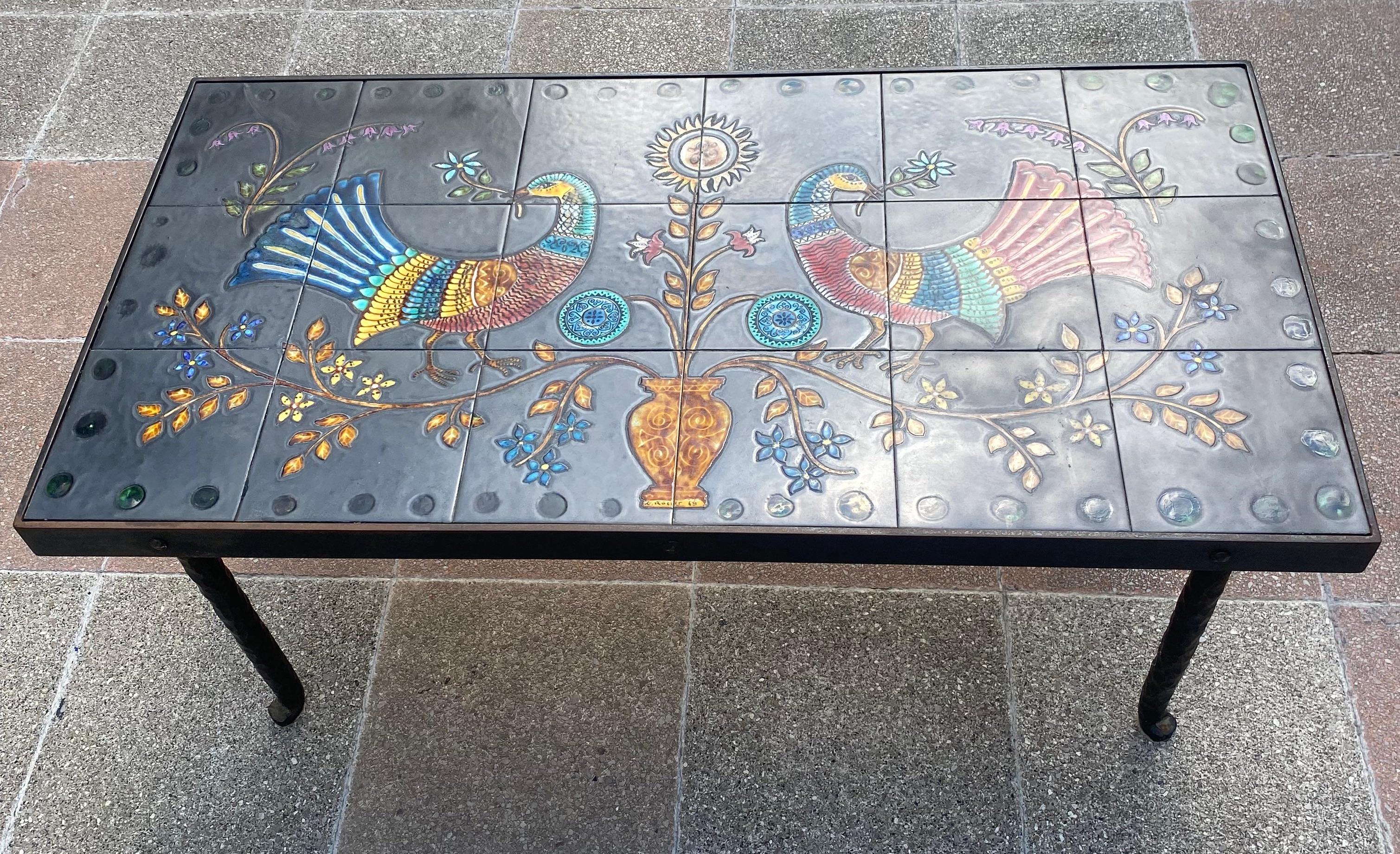 Émile Rocher
Wrought iron and ceramic coffee table with birds
signed and dated 1969
L93x W48 x H43 cms
Beautiful ceramic colours.