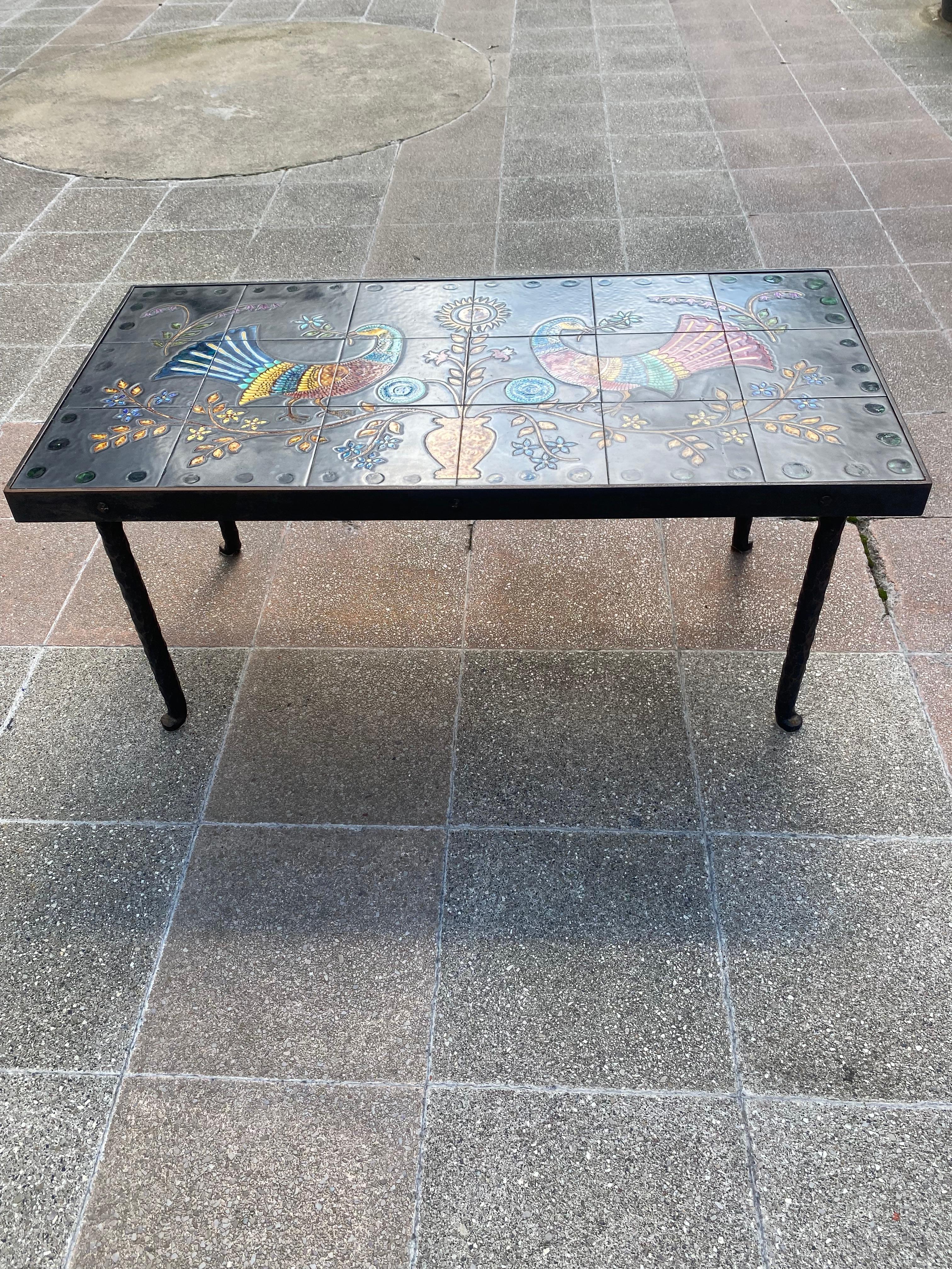Émile Rocher Wrought iron and ceramic coffee table In Good Condition For Sale In Saint ouen, FR