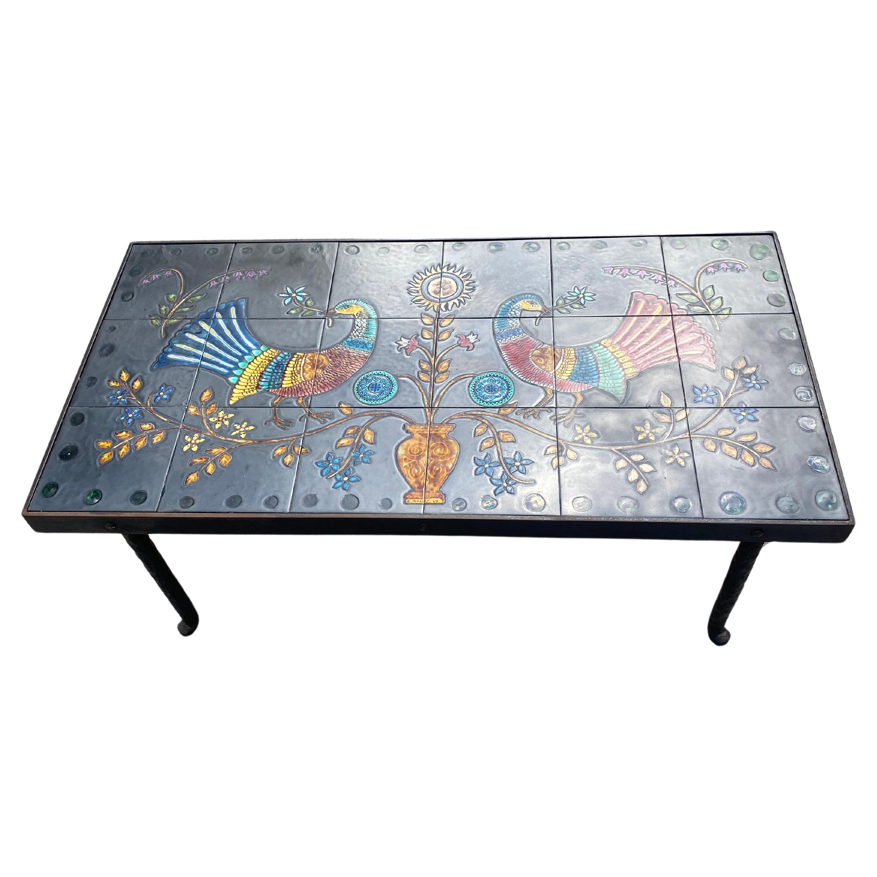 Émile Rocher Wrought iron and ceramic coffee table For Sale