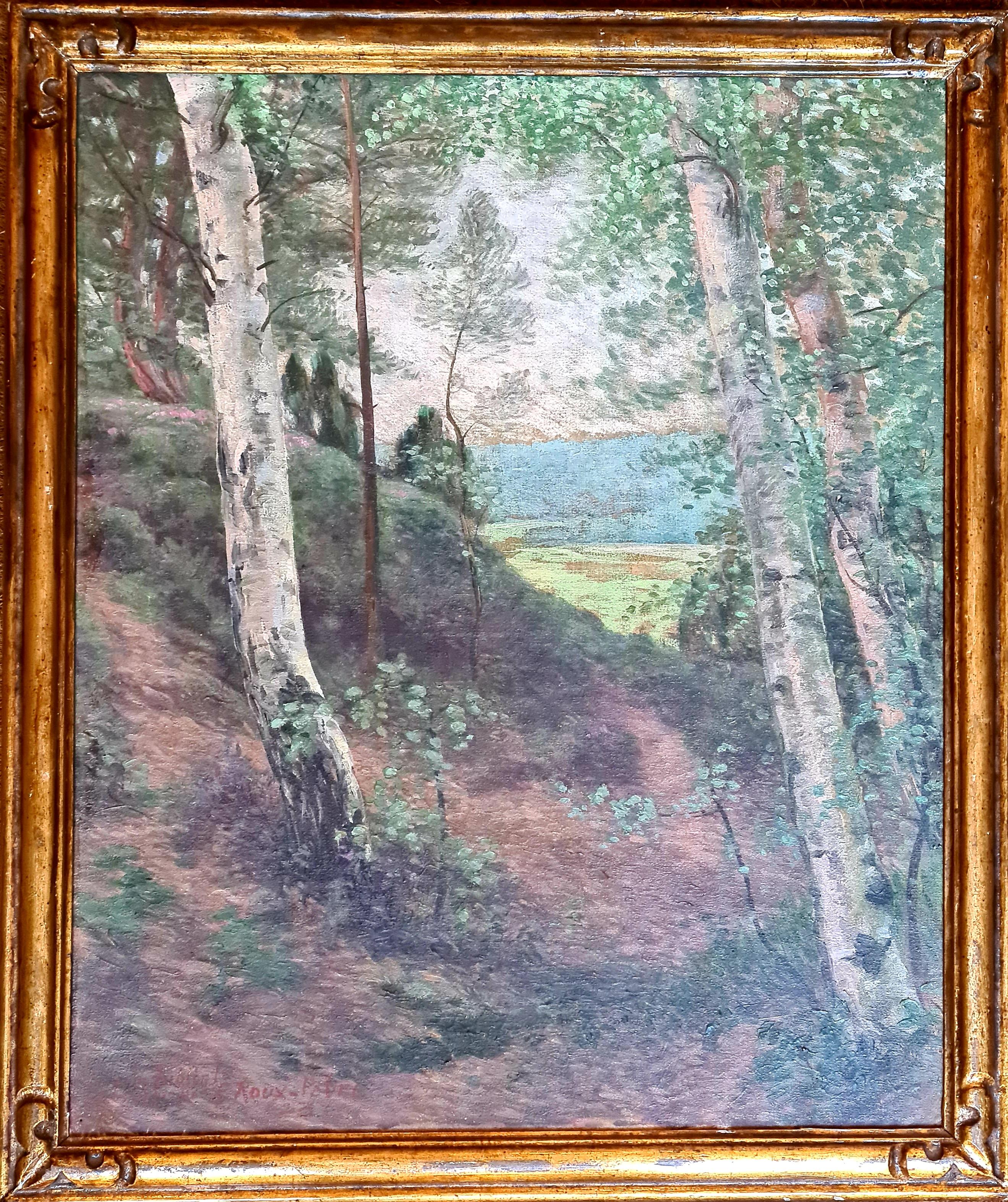Emile Roux Fabre Landscape Painting – The Forest, Große Schule von Barbizon, Öl auf Leinwand, Holzlandschaft