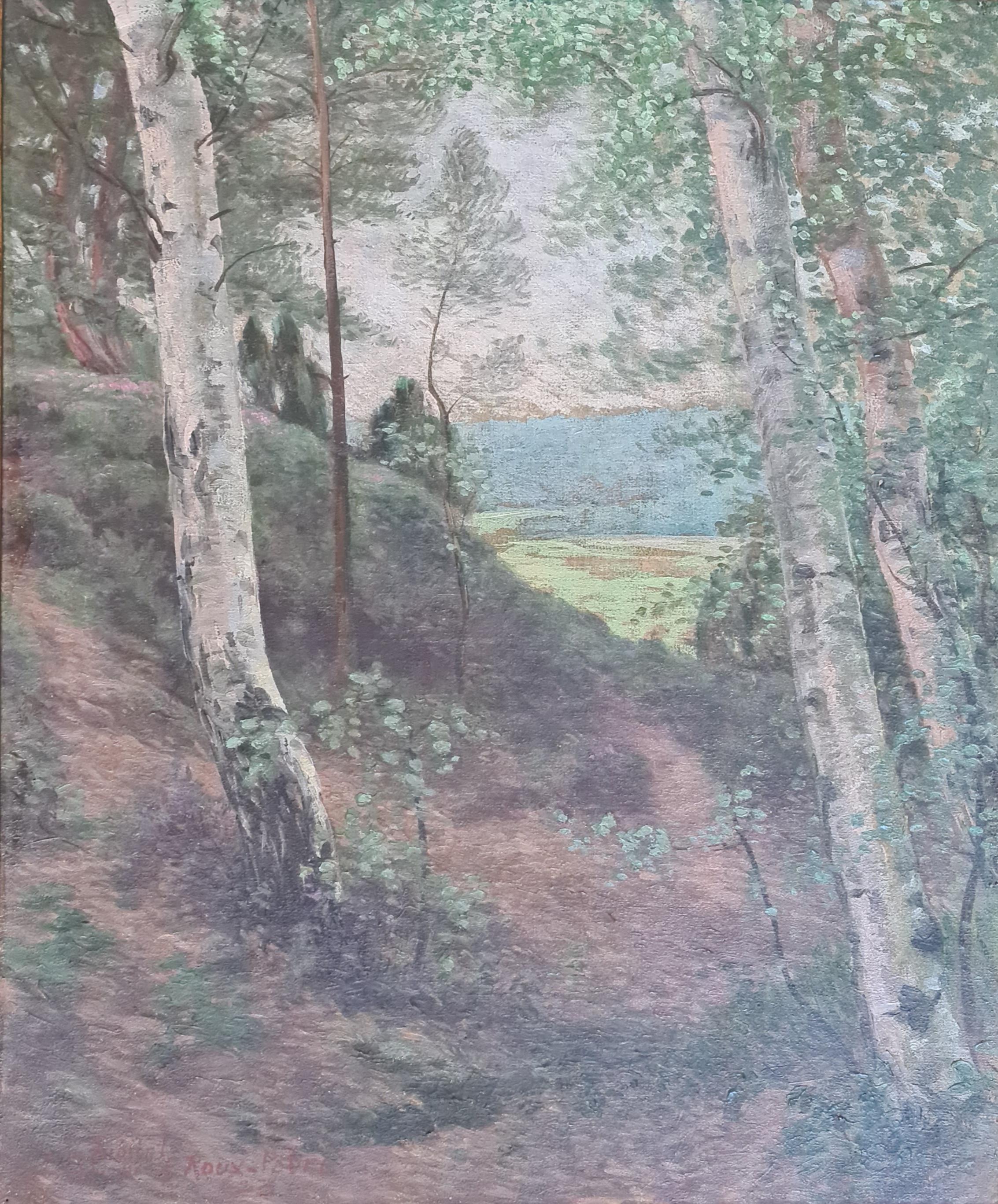The Forest, Large Barbizon School, Oil on Canvas Wooded Landscape - Gray Landscape Painting by Emile Roux Fabre