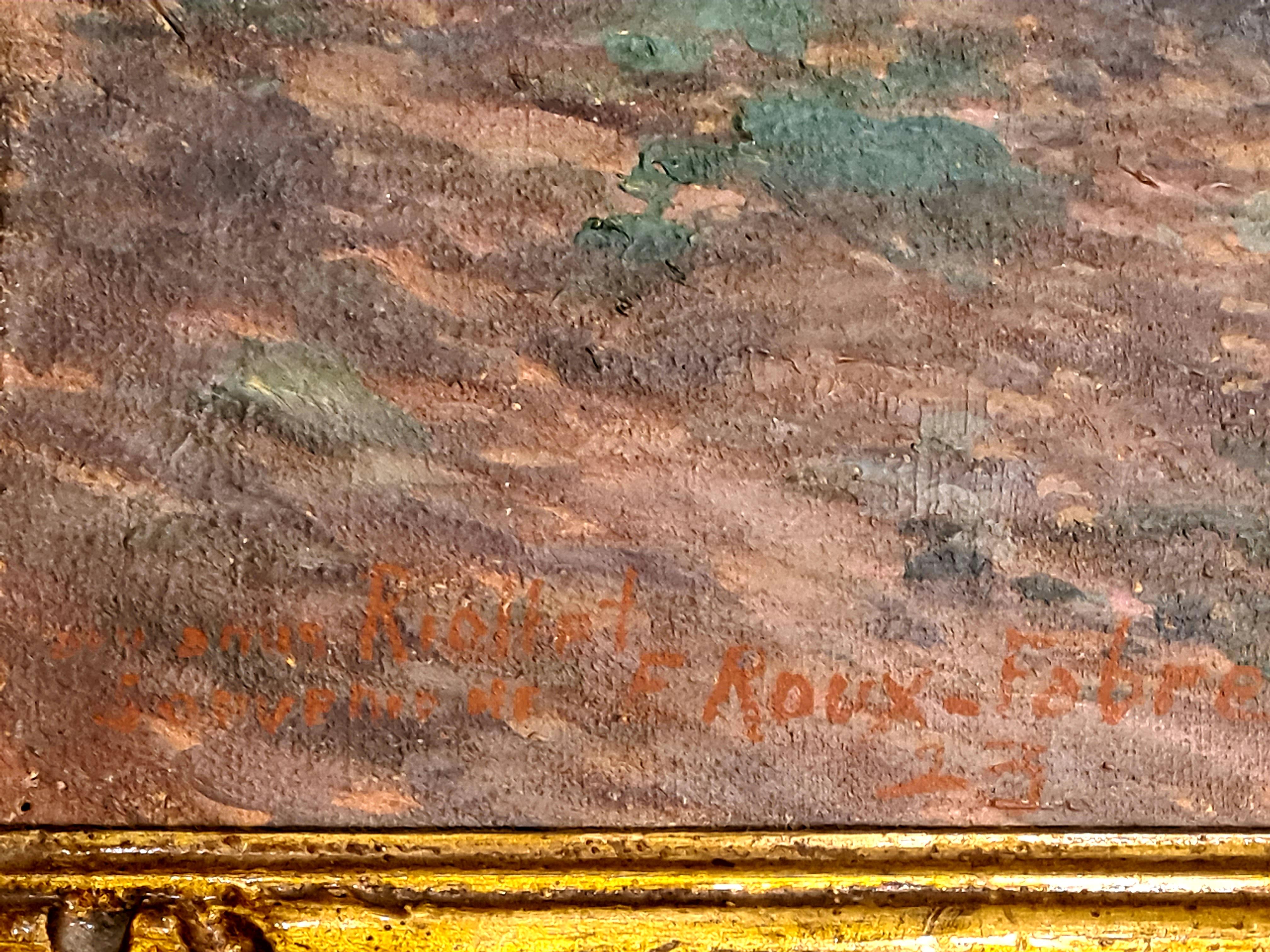 Französische Barbizon-Schule, Öl auf Leinwand, Waldansicht von Emile Roux-Fabre. Das Gemälde ist unten links signiert und datiert und trägt eine Widmung.

Ein reizvoller Blick auf eine Waldlichtung, die in eine dahinter liegende Tallandschaft führt.