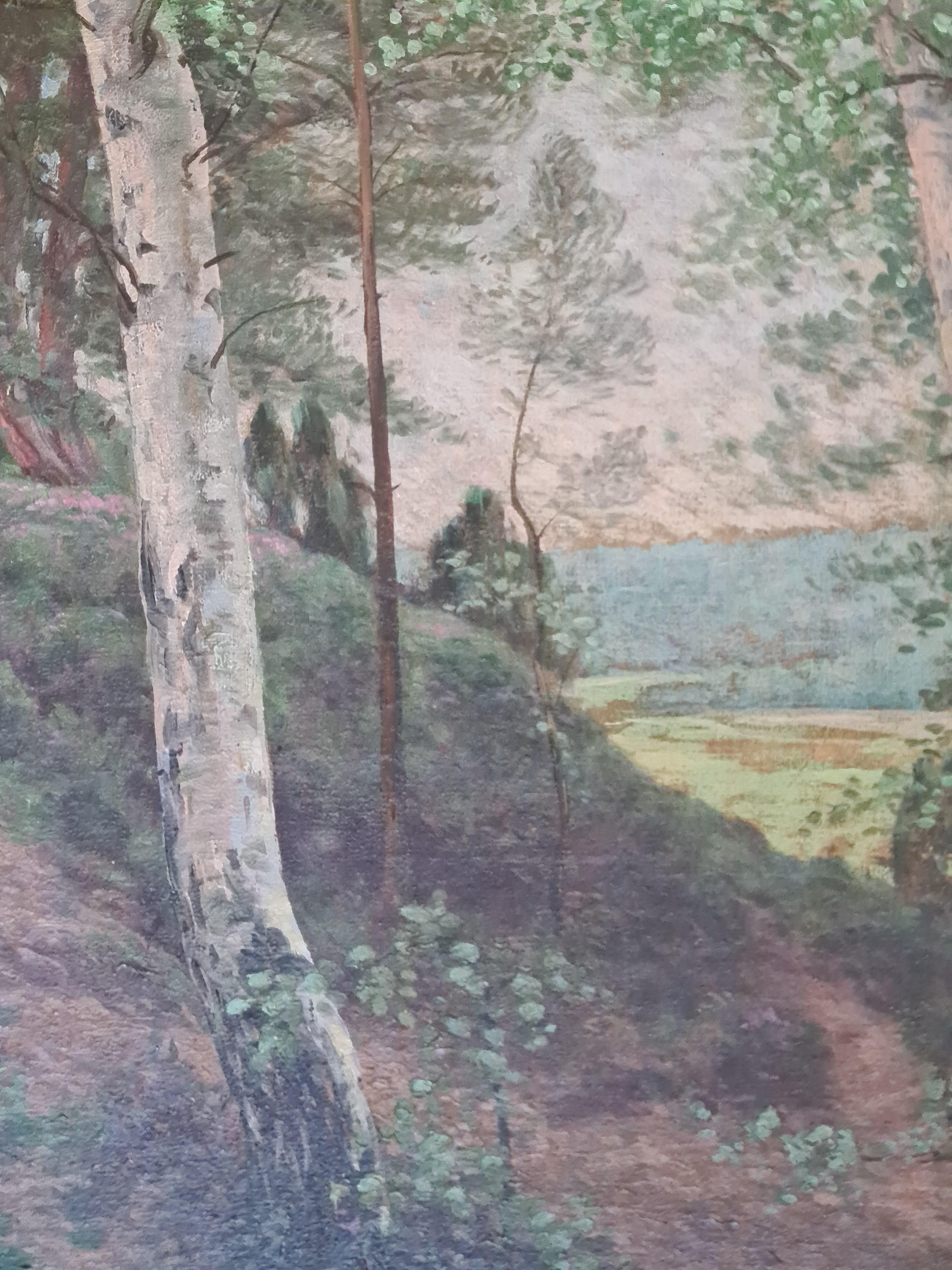 La Forêt, grande école de Barbizon, huile sur toile - paysage en bois en vente 1