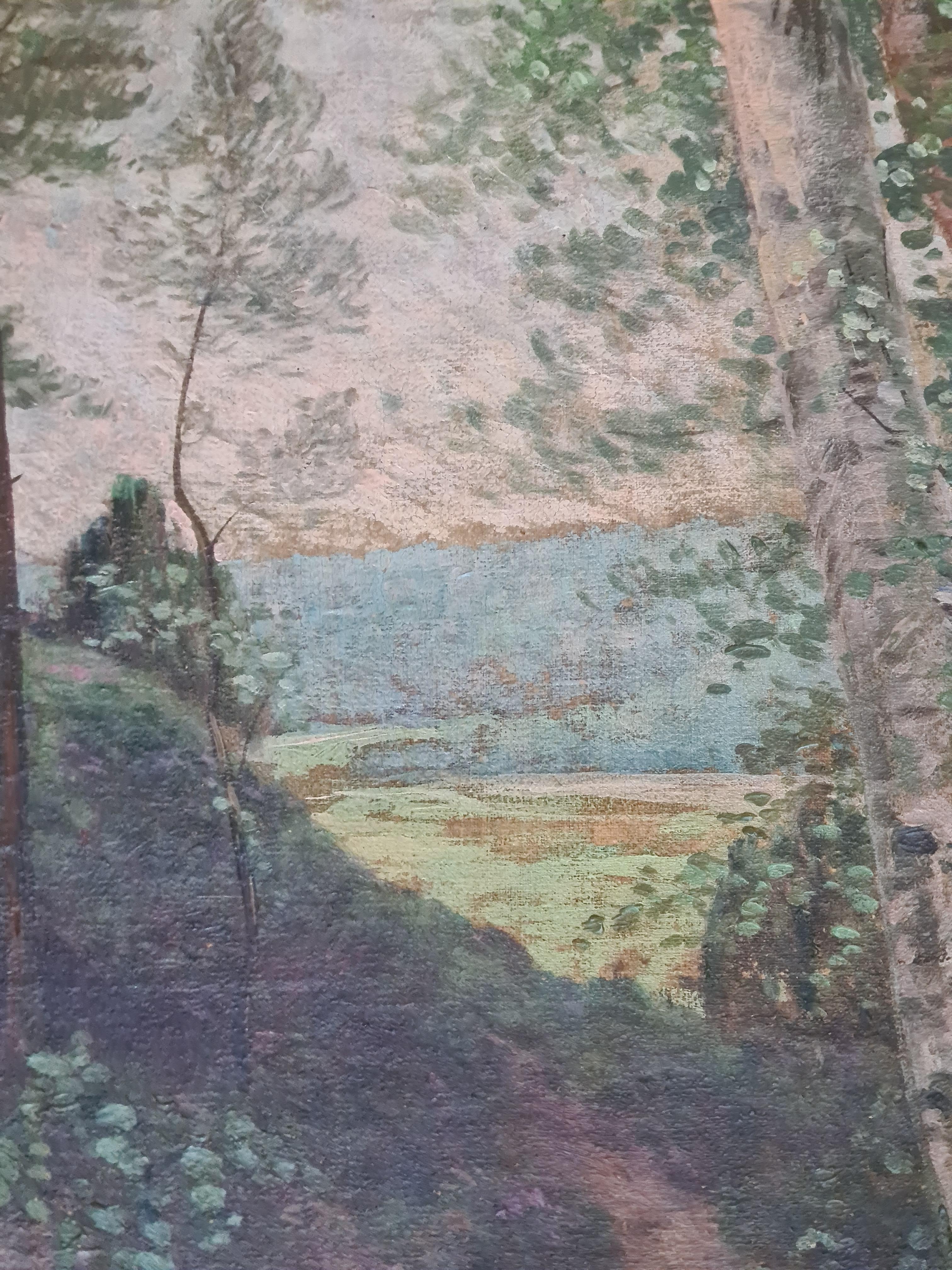 La Forêt, grande école de Barbizon, huile sur toile - paysage en bois en vente 4
