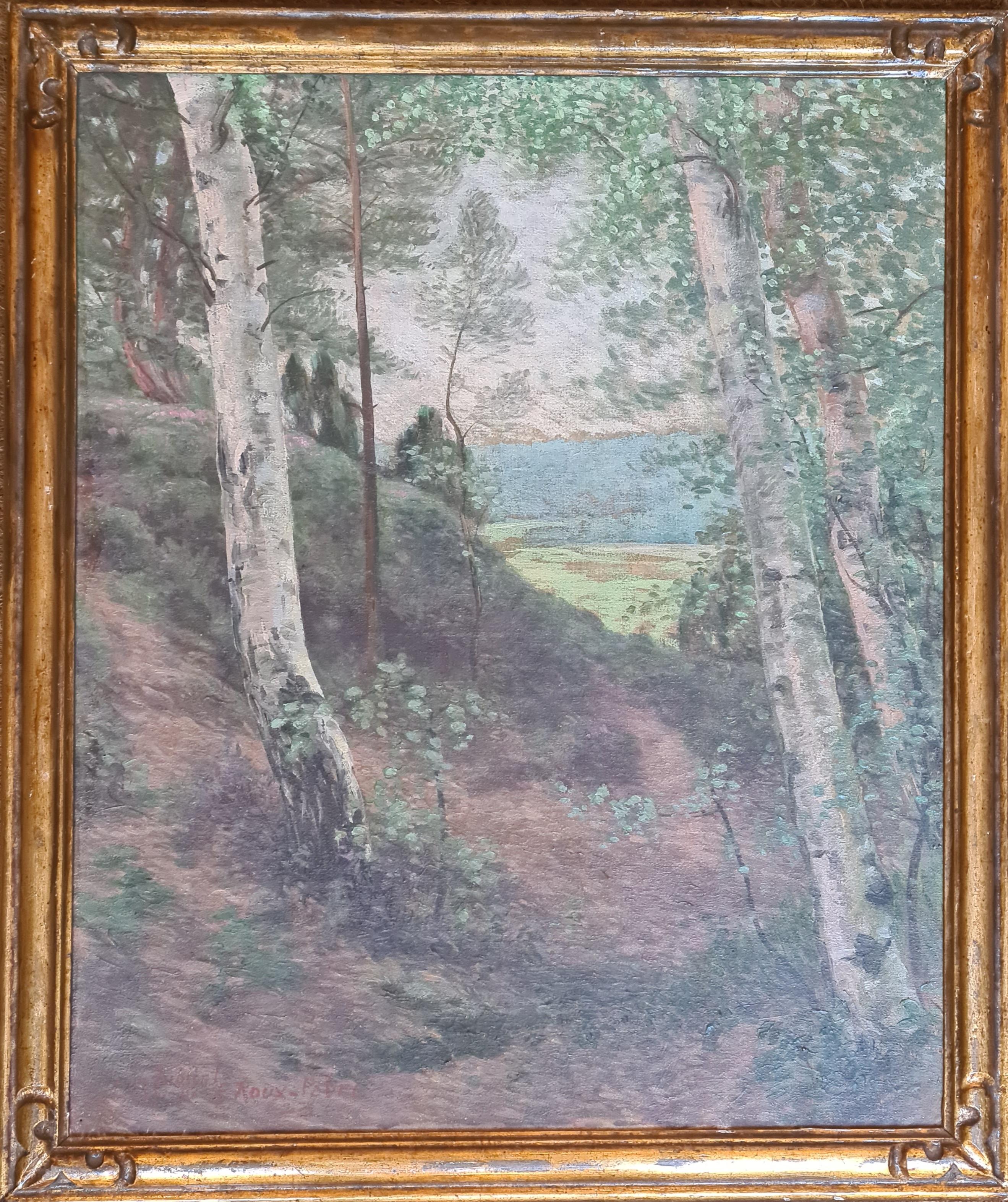 La Forêt, grande école de Barbizon, huile sur toile - paysage en bois - Painting de Emile Roux Fabre