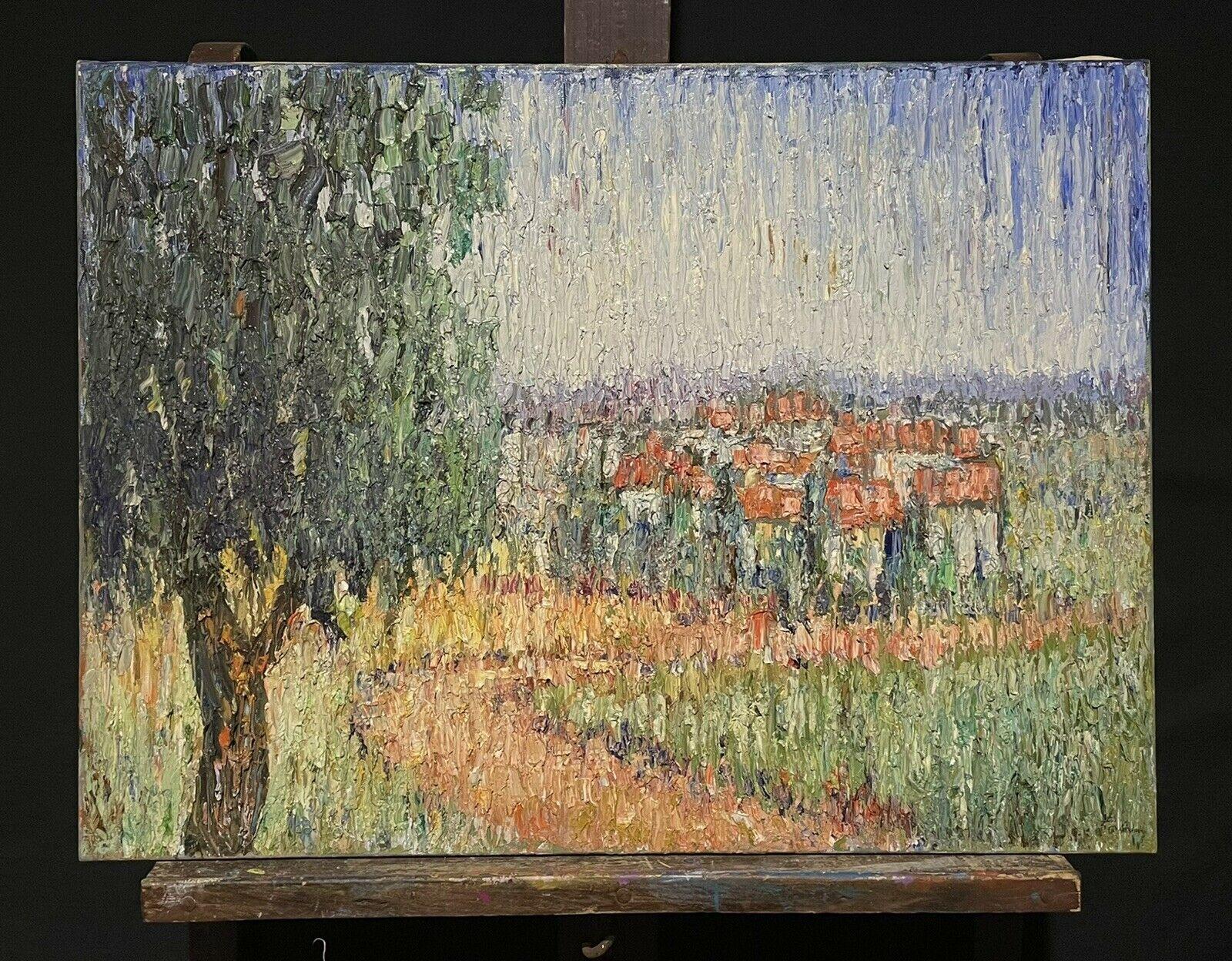 Very Fine French Post-Impressionist Signed Oil Old Provencal Village Landscape - Painting by Emile Saadoun