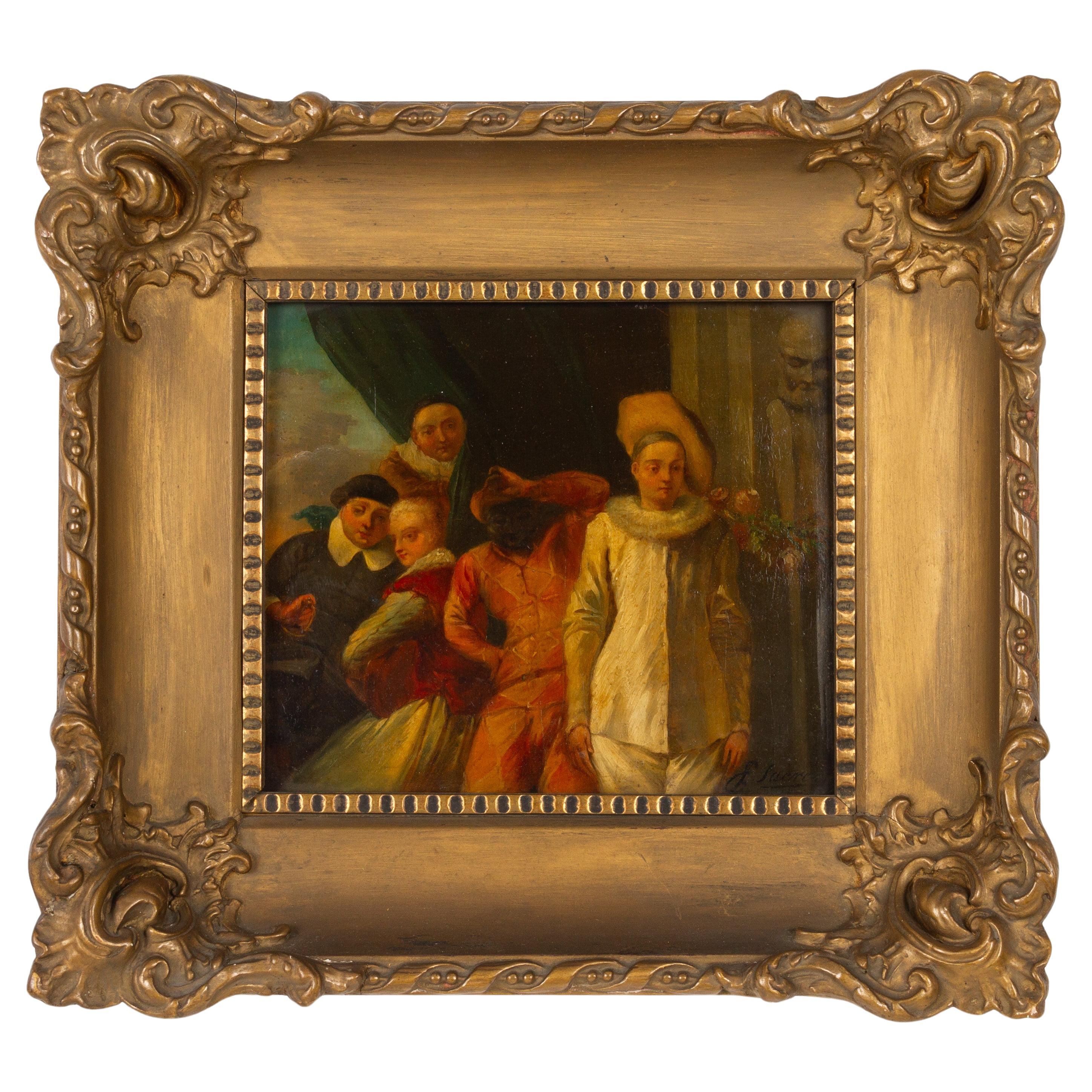 Emile Sacre (belga, 1844-1882) Pittura a olio Commedia Dell'arte XIX secolo