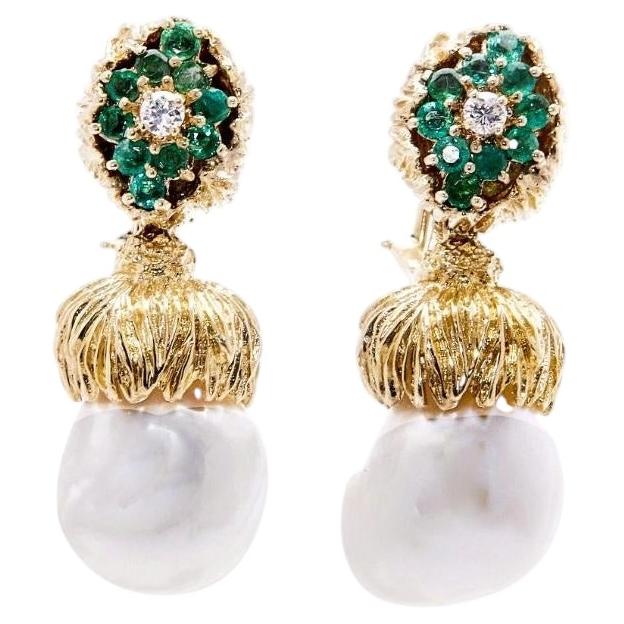 Emile Schaffner 18K YG Drop Earrings with 0.2ct Diamonds 0.2ct Emeralds & Pearls For Sale