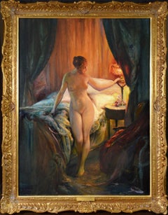 A l'Heure de se Coucher - Impressionist Portrait Oil Painting Nude by Lamplight