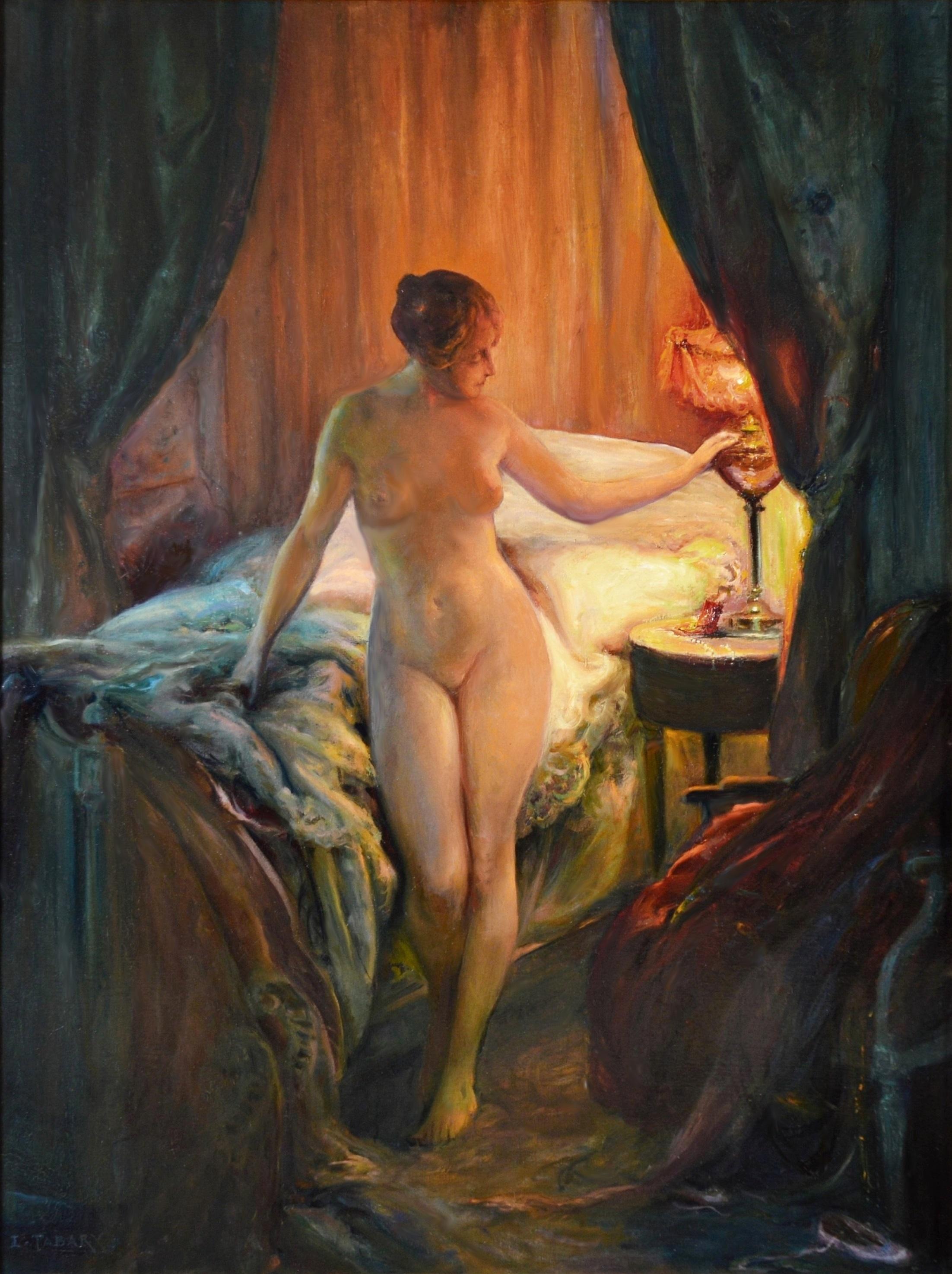 A l'Heure de se Coucher - Impressionist Portrait Oil Painting Nude by Lamplight - Black Portrait Painting by Emile Tabary
