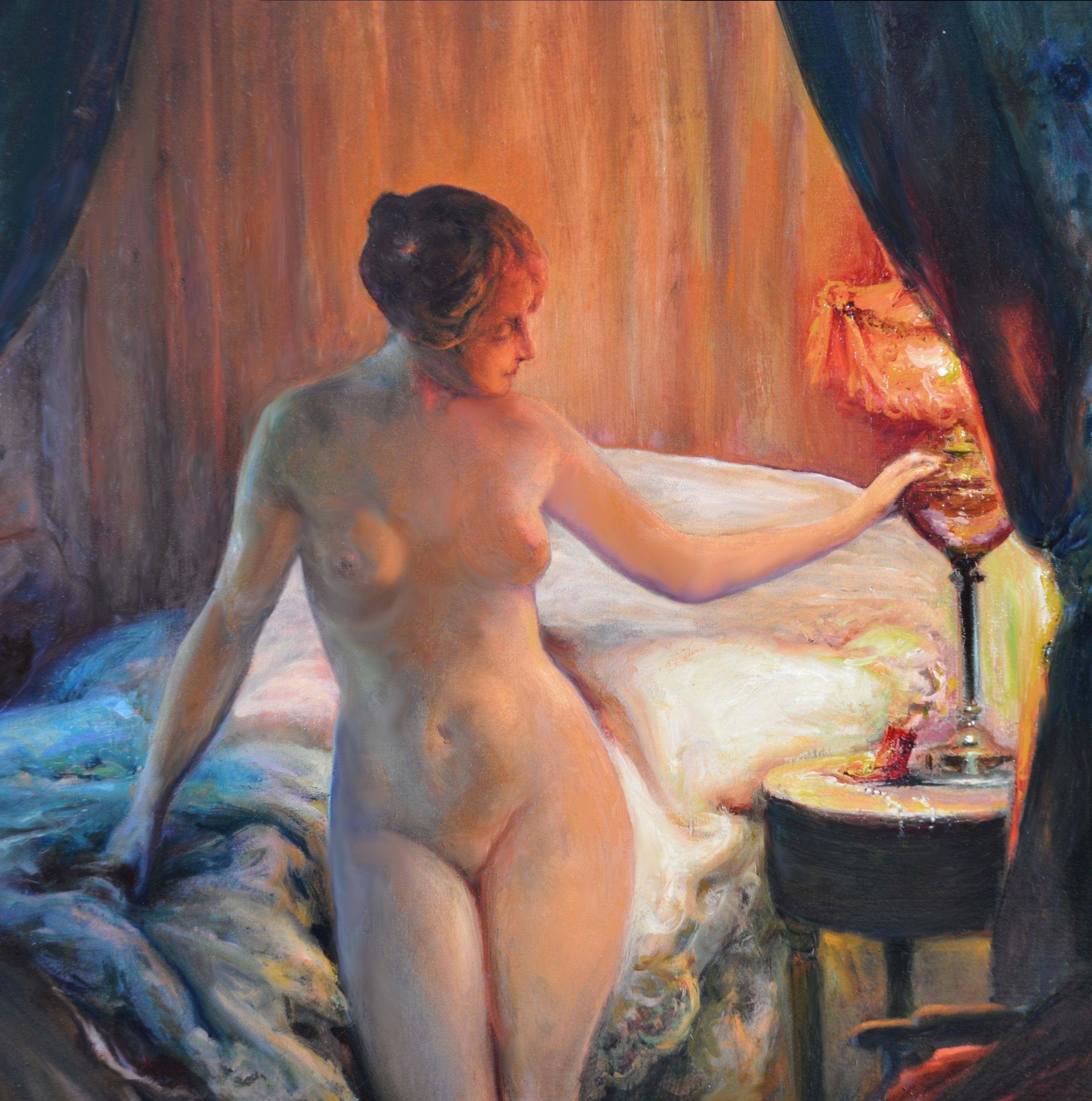 'A l'Heure de se Coucher' by Émile Tabary (1857-1927). 

The painting – which depicts a Parisienne beauty in her boudoir lit by an Art Nouveau table lamp – is signed by the artist and further signed, dated 1924 and inscribed verso. The painting was