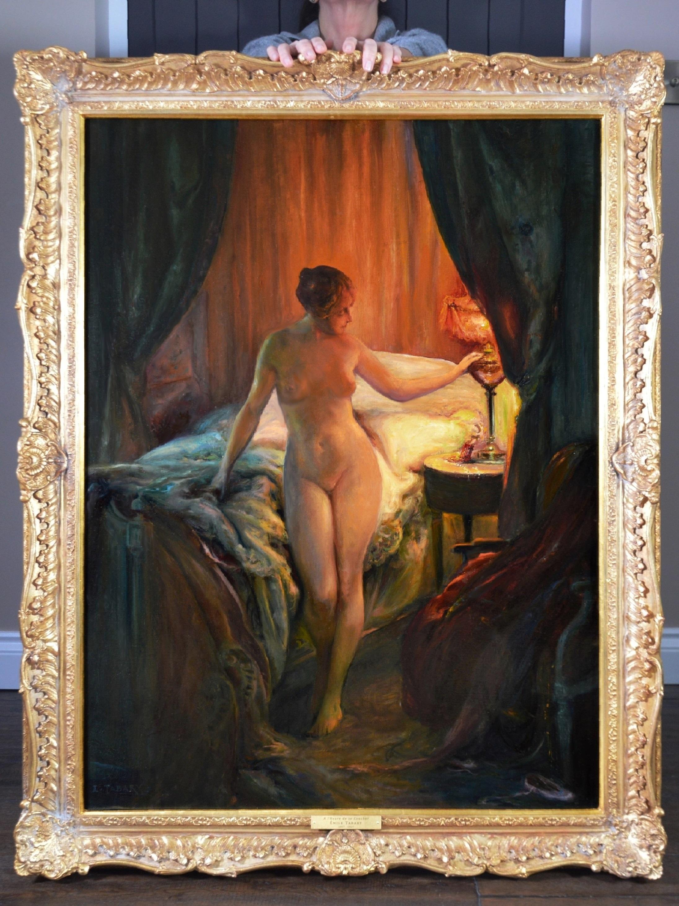 Emile Tabary Portrait Painting - A l'Heure de se Coucher - Impressionist Portrait Oil Painting Nude by Lamplight