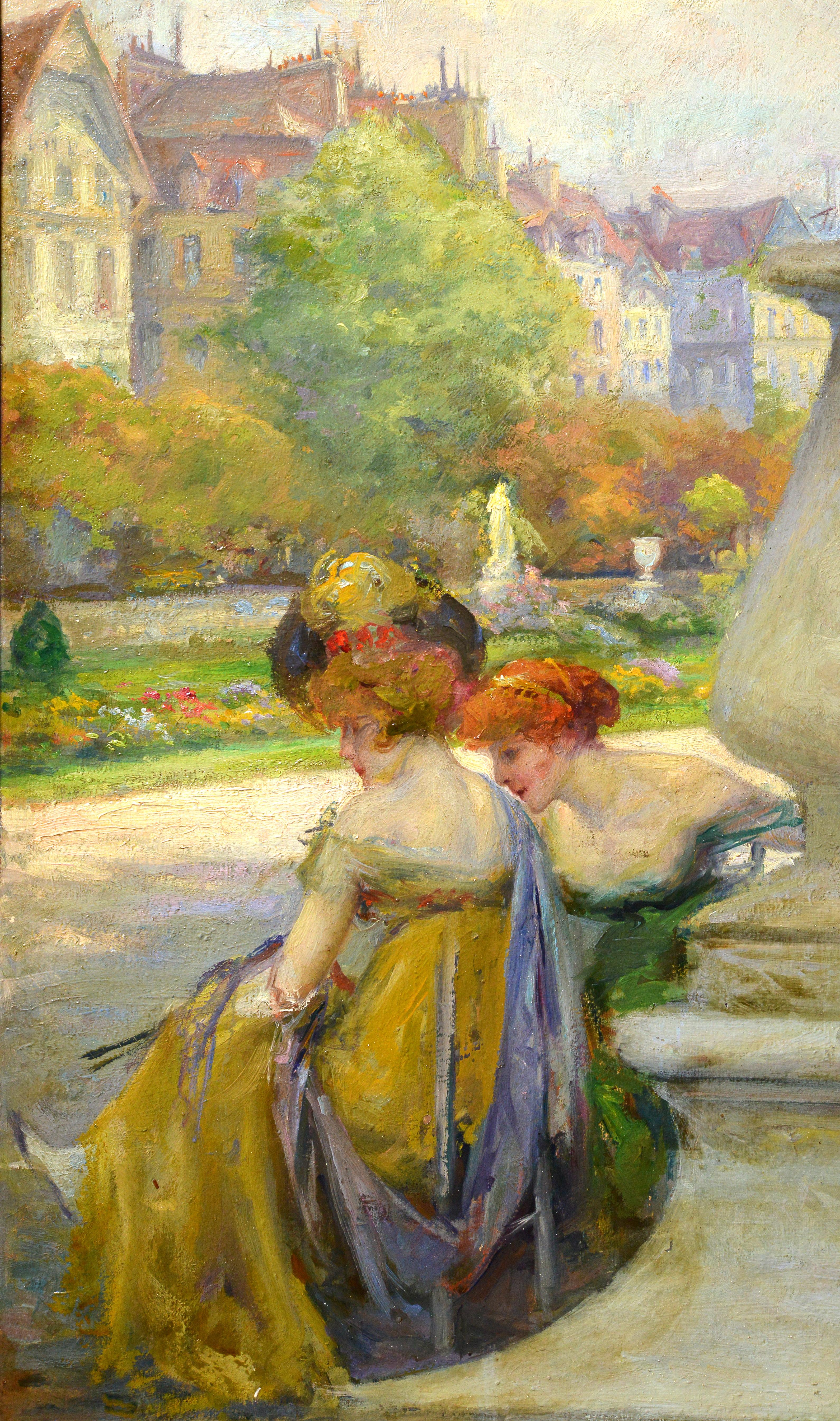 Französische Genre-Szene im Pariser Park, Ölgemälde des 19. Jahrhunderts (Braun), Landscape Painting, von Emile Tabary