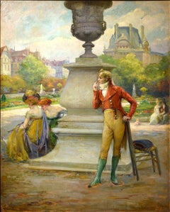 French Genre Scene in Parisian park 19th Century Oil painting