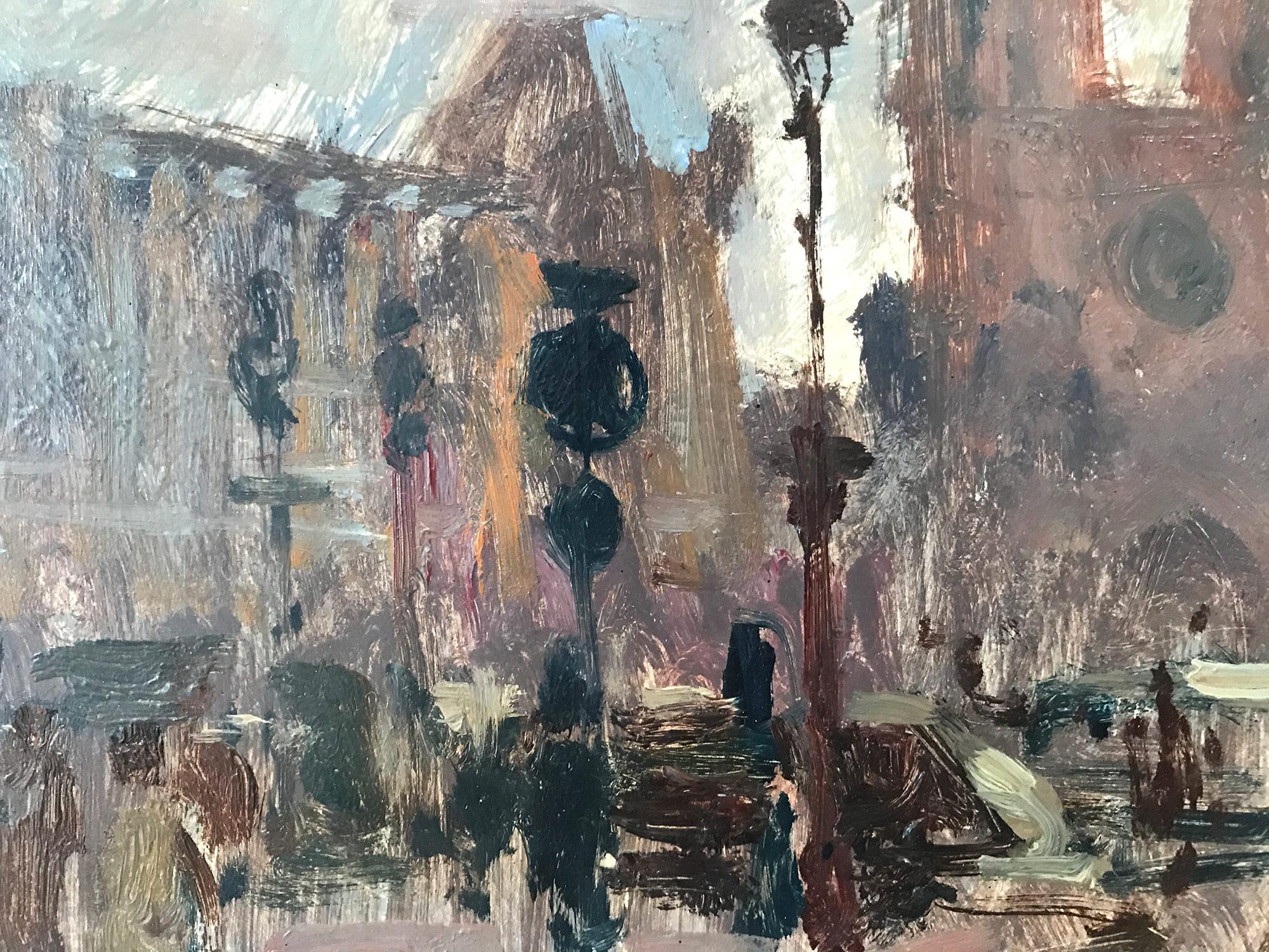 Peinture à l'huile « Notre Dame Place du Parvis » - Scène de rue parisienne en vente 4