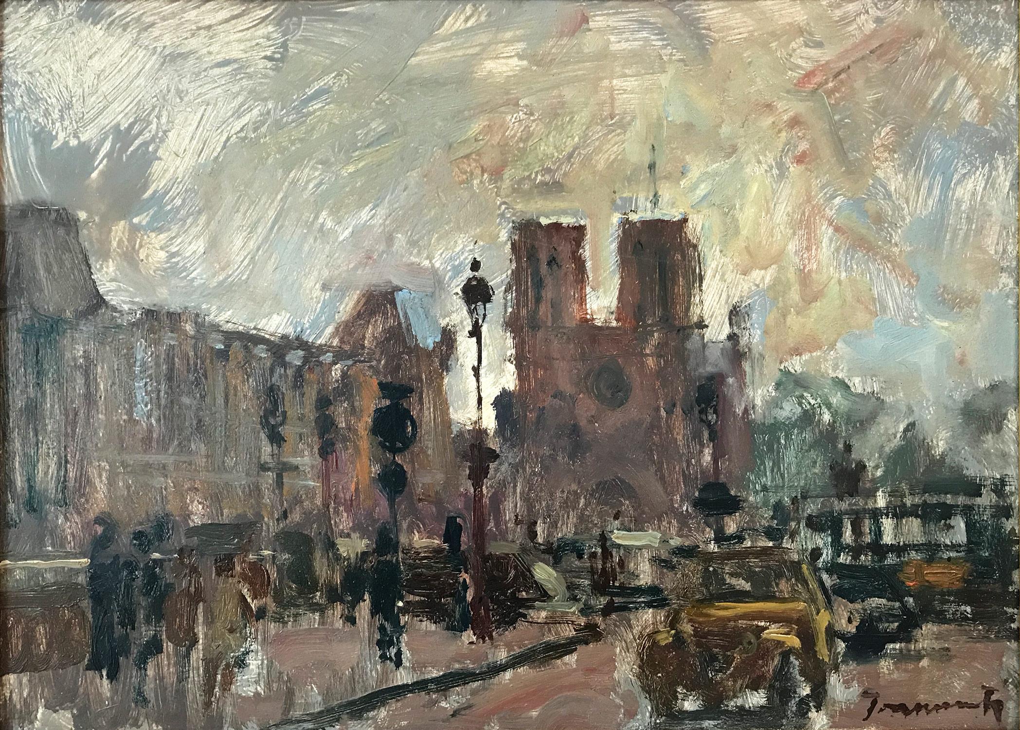 Peinture à l'huile « Notre Dame Place du Parvis » - Scène de rue parisienne - Painting de Emile Thysebaert