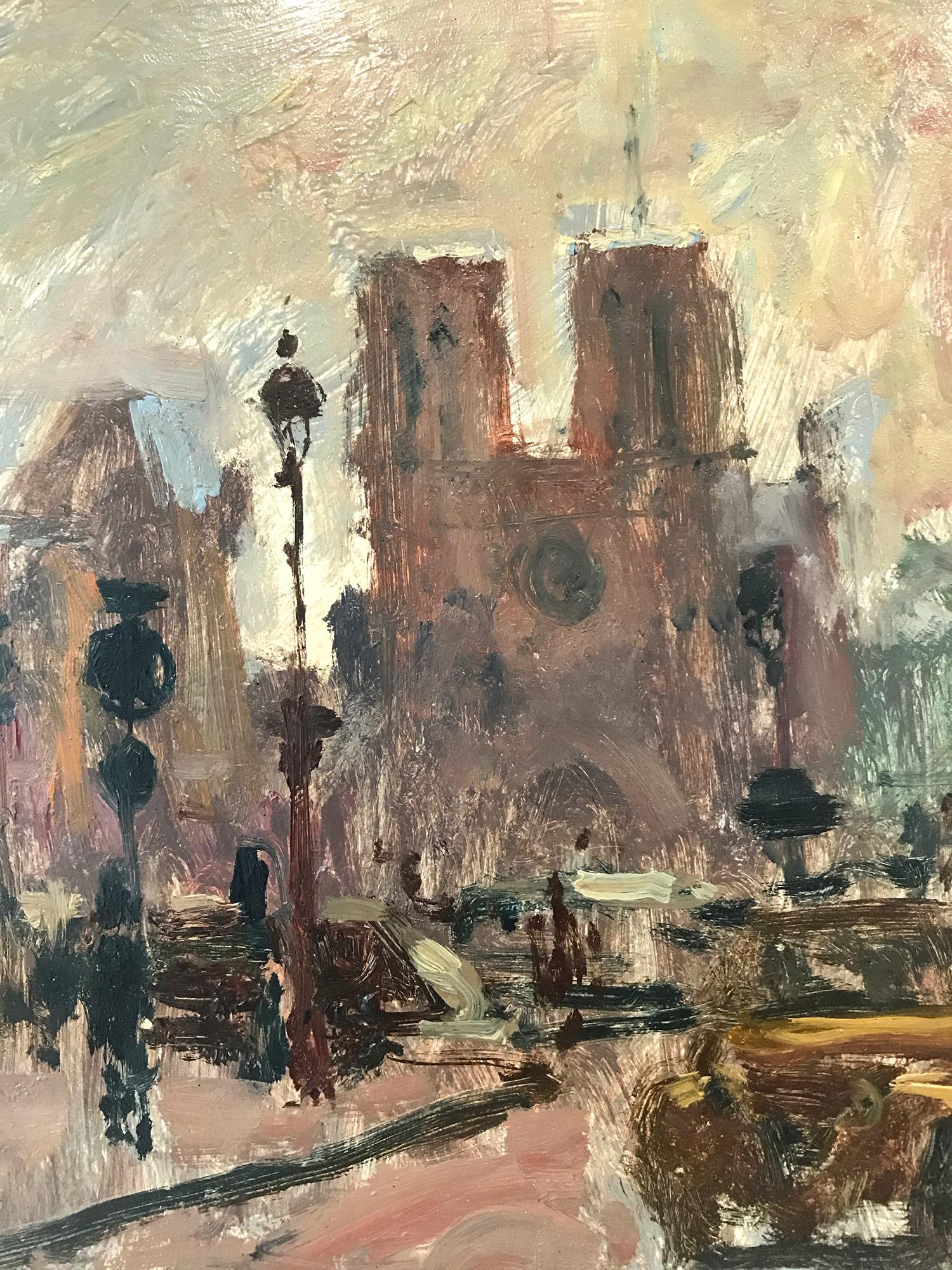 „Notre Dame Place du Parvis“, Pariser Straßenszene mit Ölgemälde aus Notre Dame (Post-Impressionismus), Painting, von Emile Thysebaert