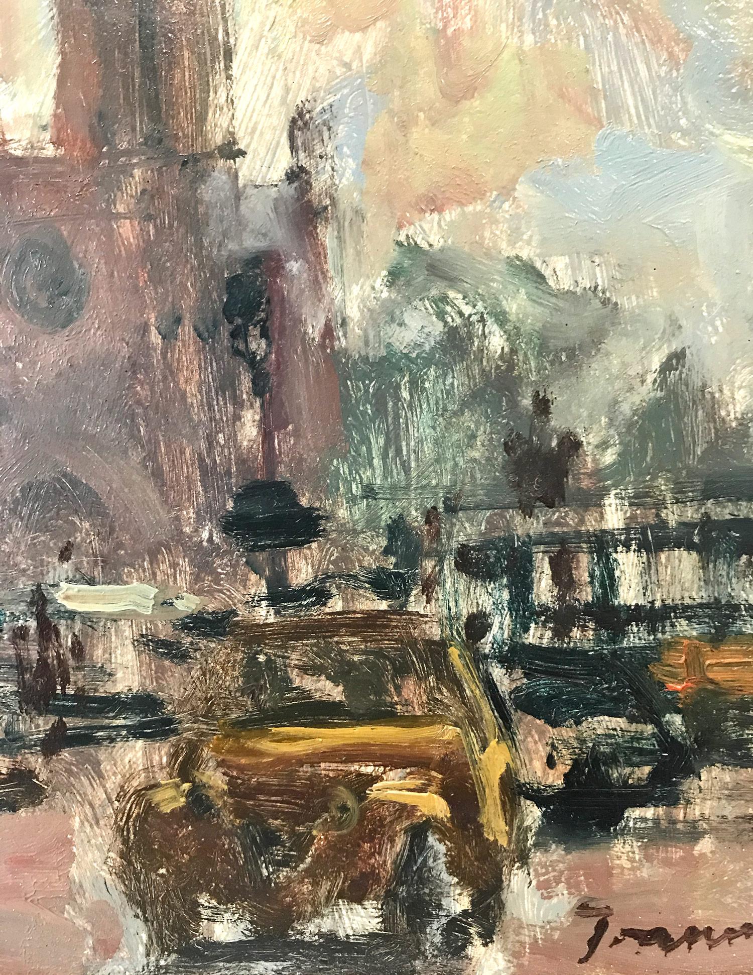 This painting is a tremendously vivid and alive street scene of the Place du Parvis in Paris from the 20th Century by Emile Thysebaert. We can see the figures and cars fill the street at Notre Dame in the distance. The use of fast brushwork is