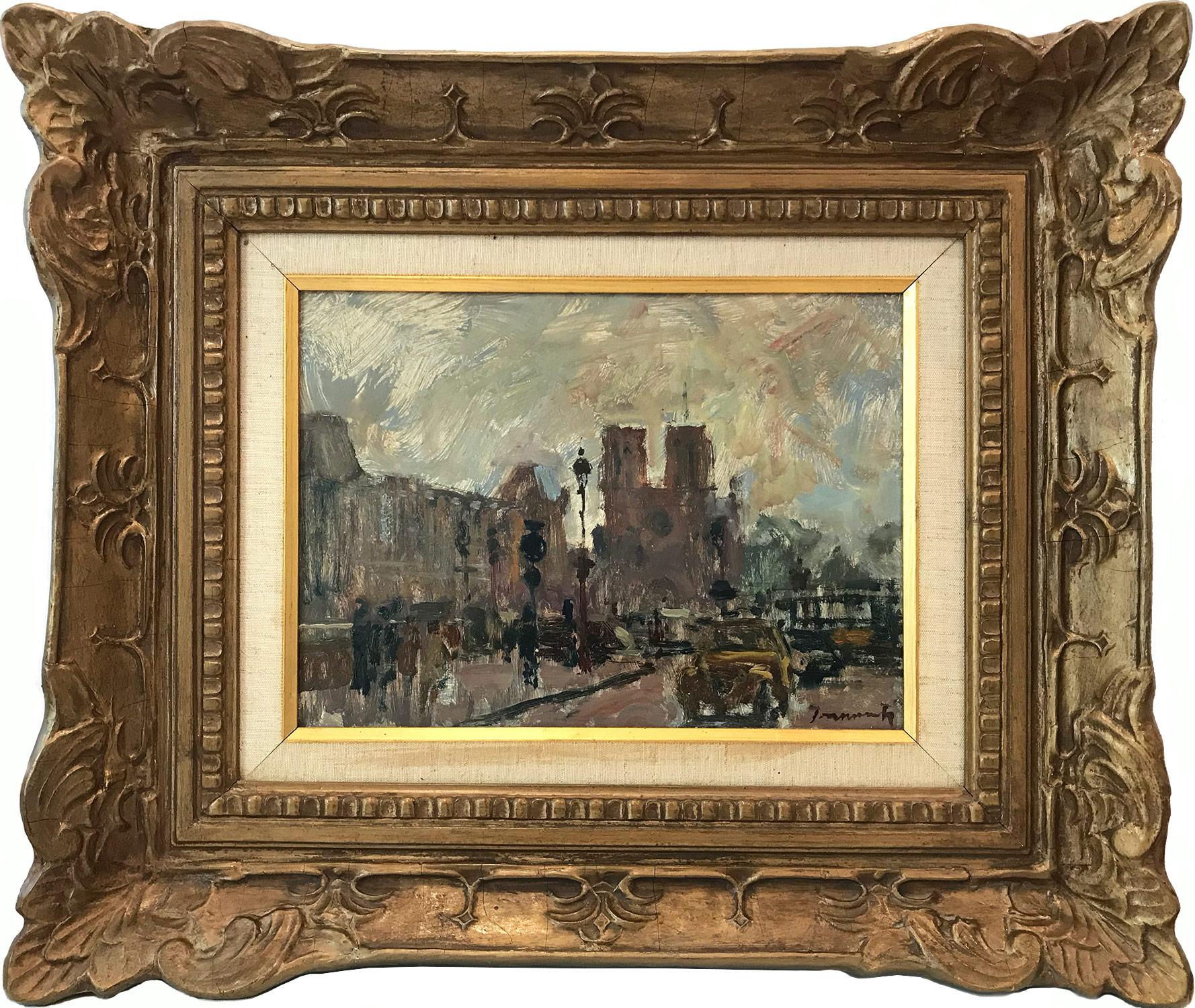 "Notre Dame de Paris" Parisian City Street Scene with Notre Dame Oil Painting