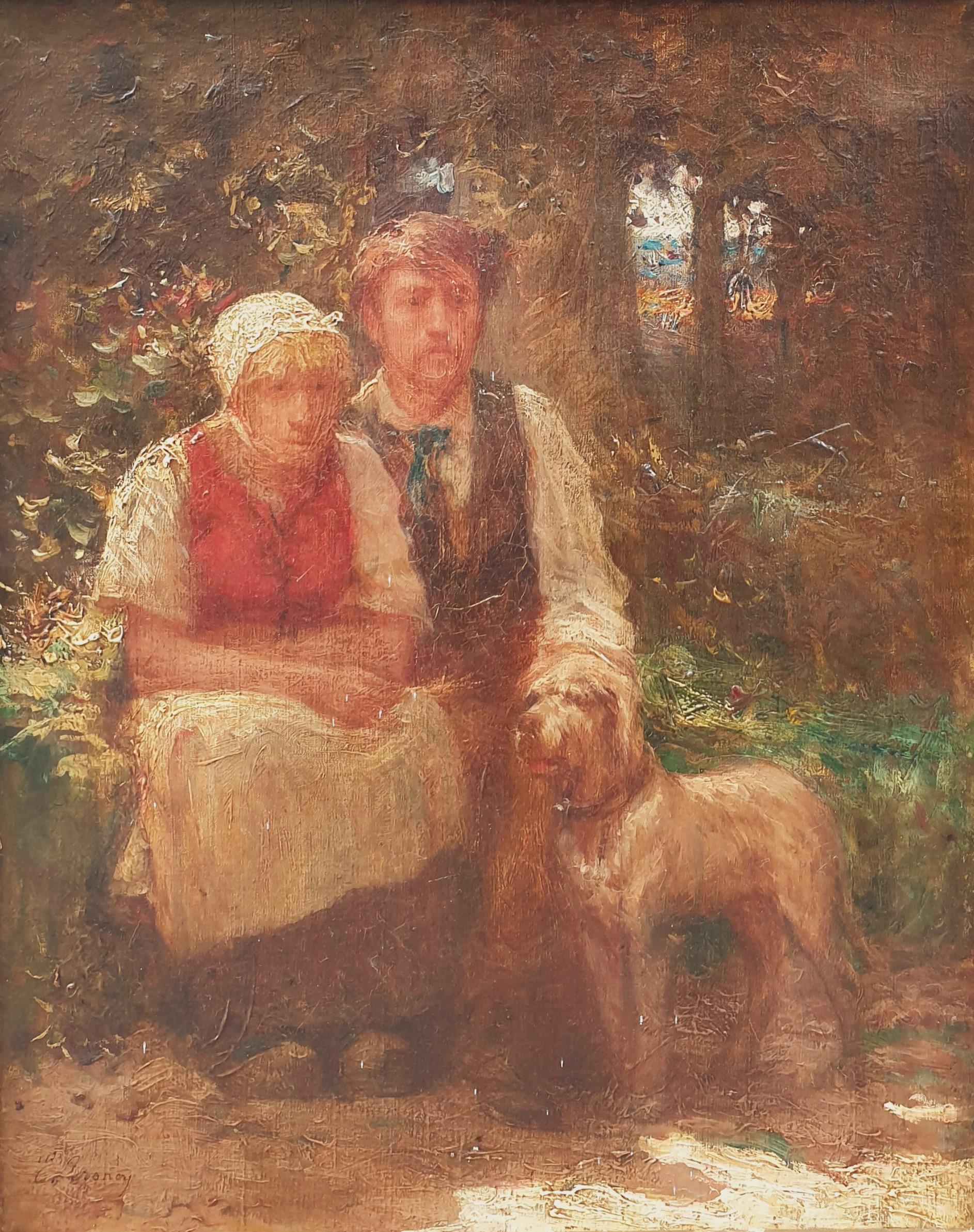 Quadro impressionista francese TRONCY ritratto di coppia di contadini cane XX