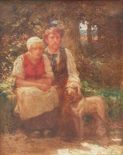 Pintura francesa impresionista TRONCY retrato campesinos pareja perro XX