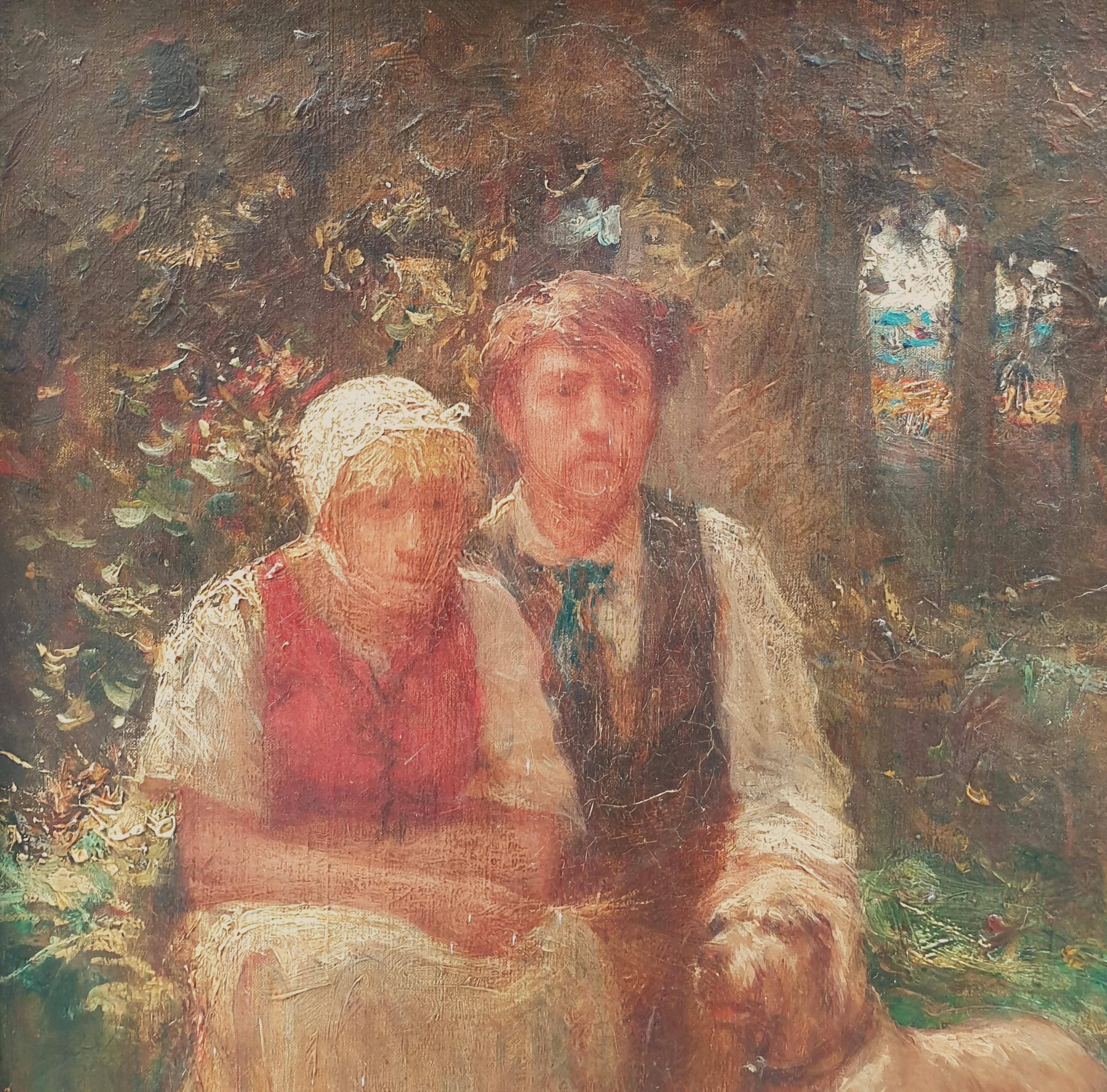 Impressionistisches französisches Gemälde TRONCY, Porträt Bauernpaar, Hund, 20. Jahrhundert (Post-Impressionismus), Painting, von Emile TRONCY