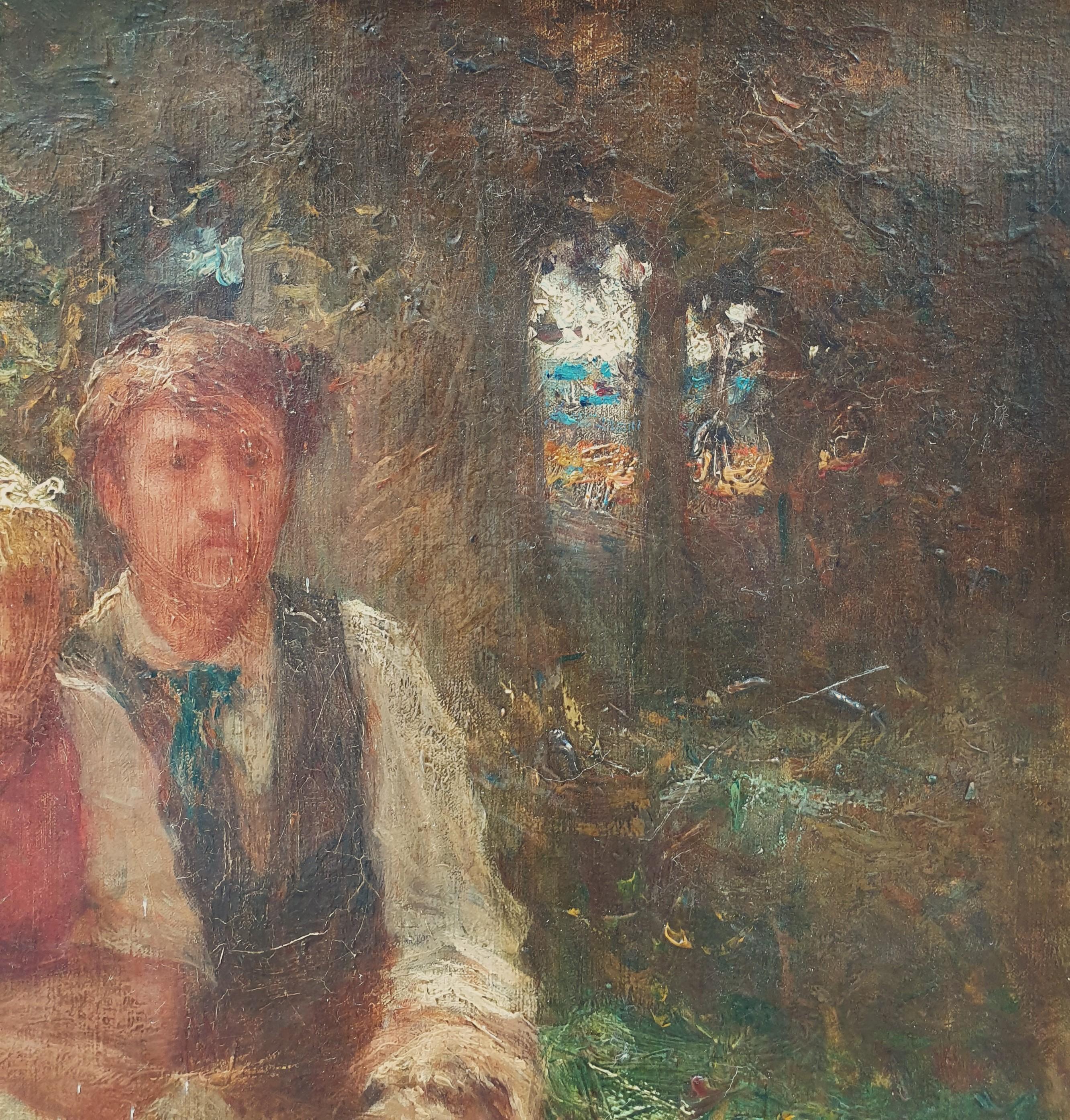 Impressionistisches französisches Gemälde TRONCY, Porträt Bauernpaar, Hund, 20. Jahrhundert (Braun), Figurative Painting, von Emile TRONCY
