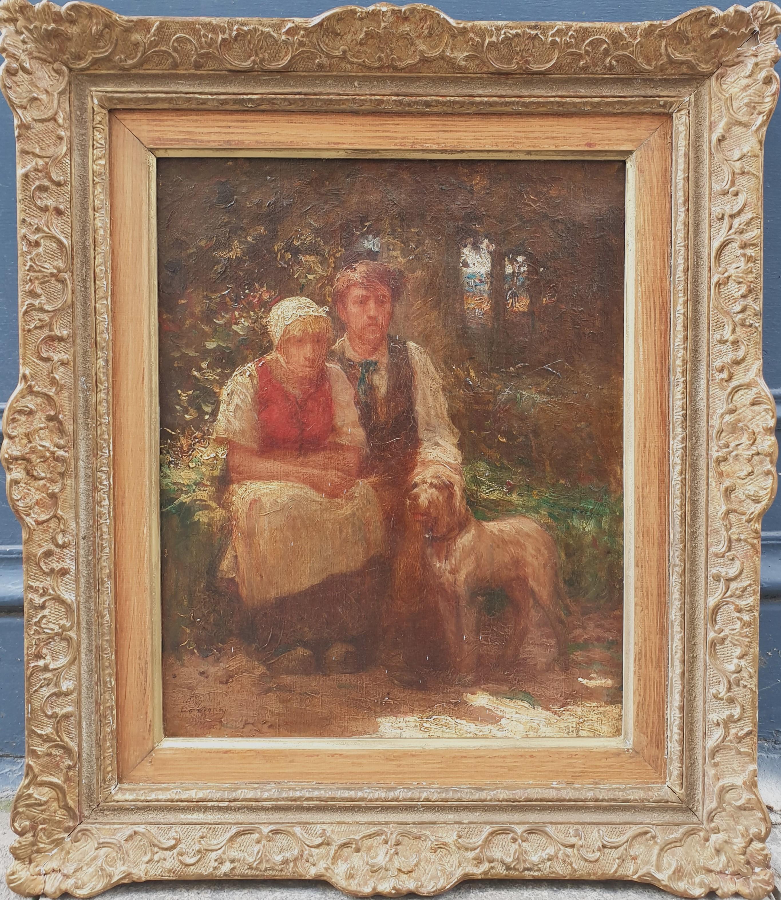Impressionistisches französisches Gemälde TRONCY, Porträt Bauernpaar, Hund, 20. Jahrhundert – Painting von Emile TRONCY