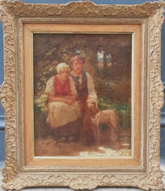 Impressionnist french painting TRONCY portrait peasants couple dog 20th