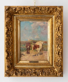 Mucche tra le dune, dipinto a olio di soggetto pastorale, Belgio, cornice in legno intagliato e dorato
