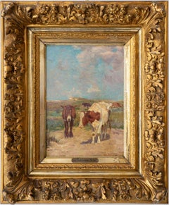 Mucche tra le dune, dipinto a olio di soggetto pastorale, Belgio, cornice in legno intagliato e dorato