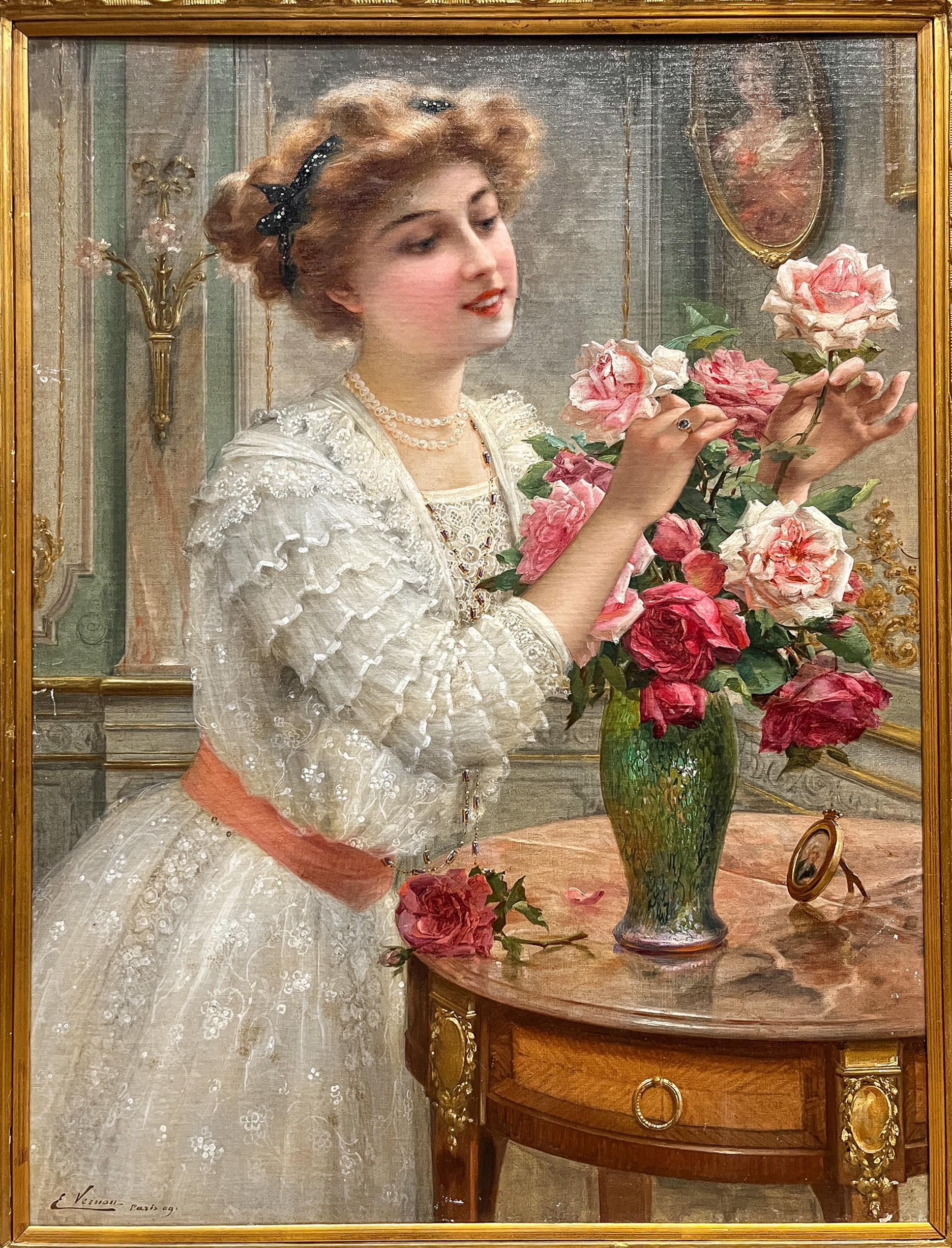 Emile Vernon  (francés, 1872-1919) Rosas rosas  Pintura al óleo Belle Epoque . en venta 1
