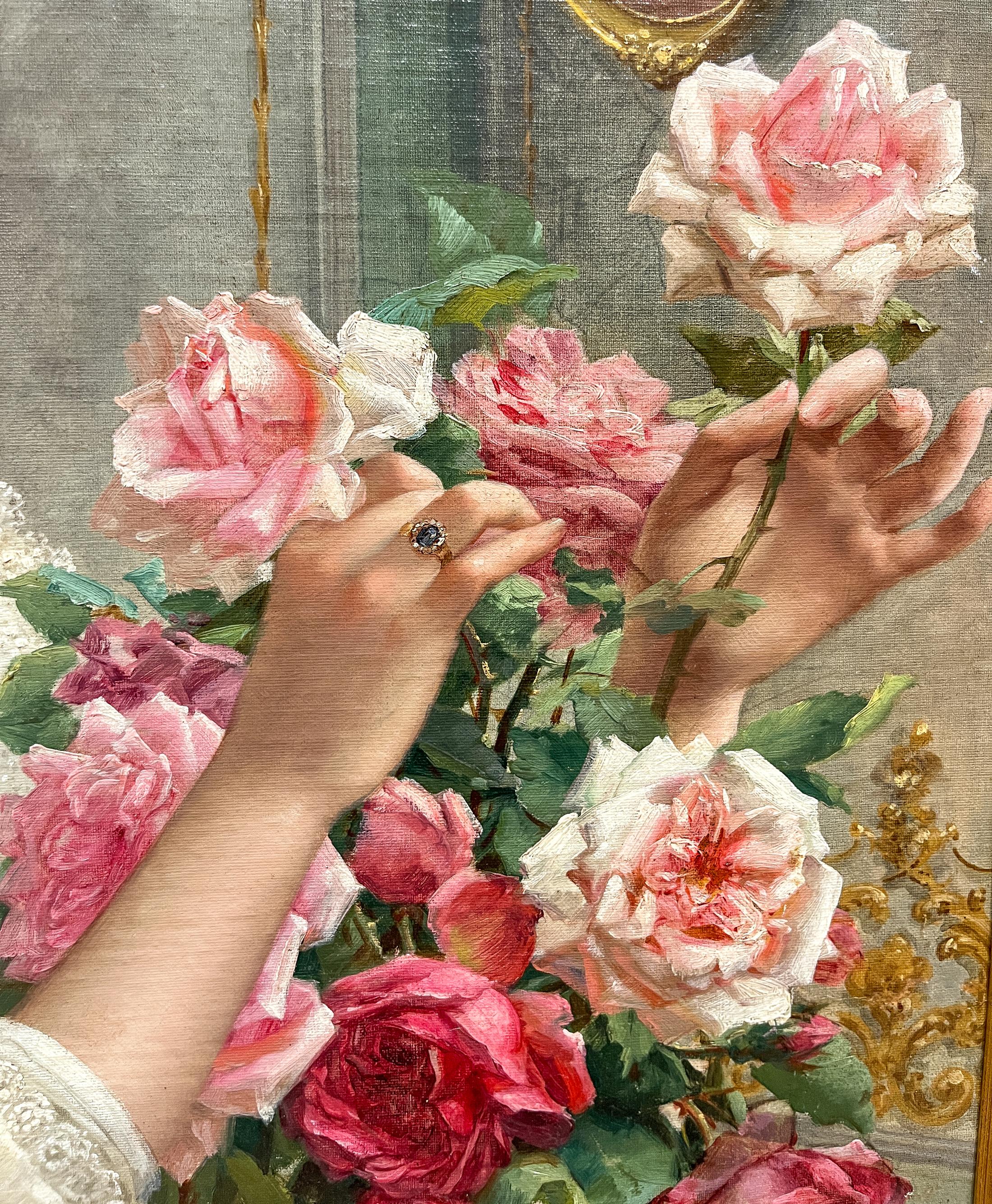 Emile Vernon  (francés, 1872-1919) Rosas rosas  Pintura al óleo Belle Epoque . en venta 4