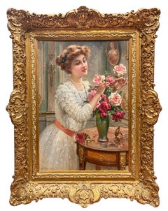 Emile Vernon  (francés, 1872-1919) Rosas rosas  Pintura al óleo Belle Epoque .