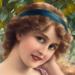 Emile Vernon 1913, French, Young Woman by a Lemon Tree, Oil on Canvas