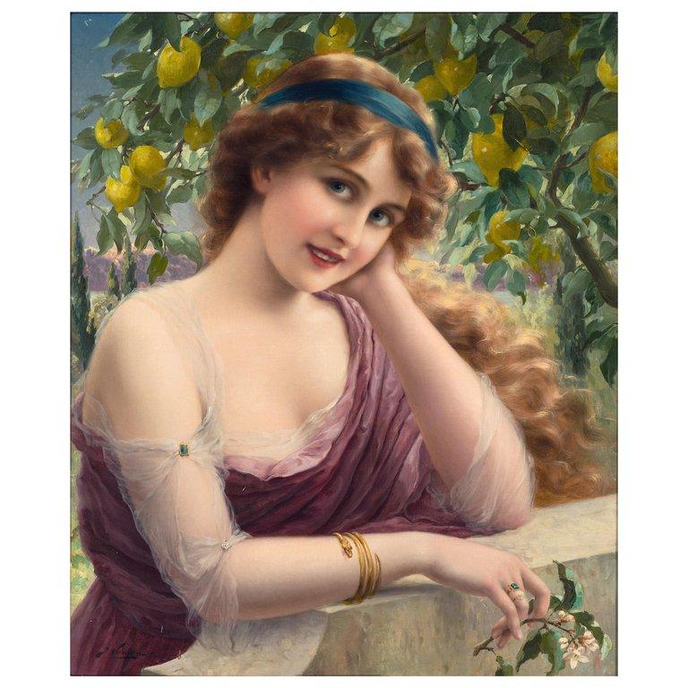Emile Vernon 1913, French, Young Woman by a Lemon Tree, Oil on Canvas